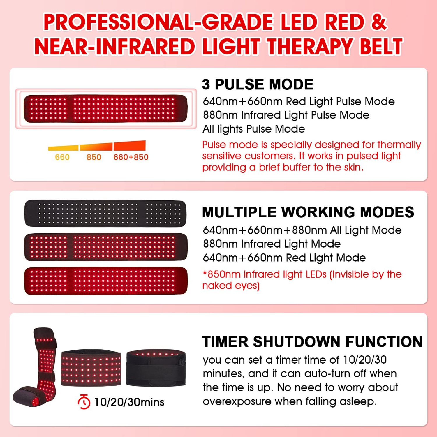 Ceinture de luminothérapie rouge de 3 en 1 pieds, lampe de luminothérapie infrarouge 880 nm&660 nm&640 nm, billes de lampe LED pour