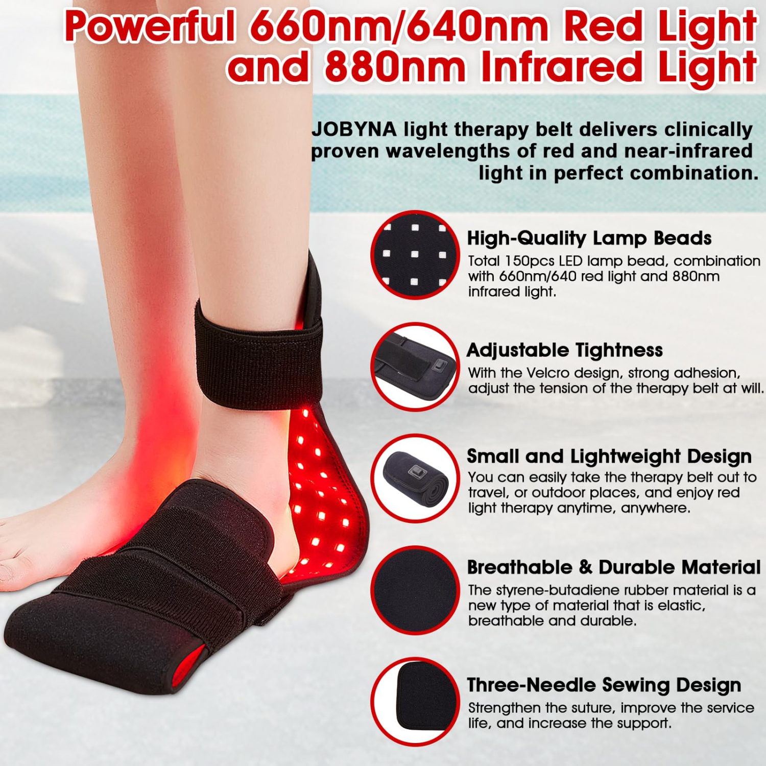 Ceinture de luminothérapie rouge de 3 en 1 pieds, lampe de luminothérapie infrarouge 880 nm&660 nm&640 nm, billes de lampe LED pour