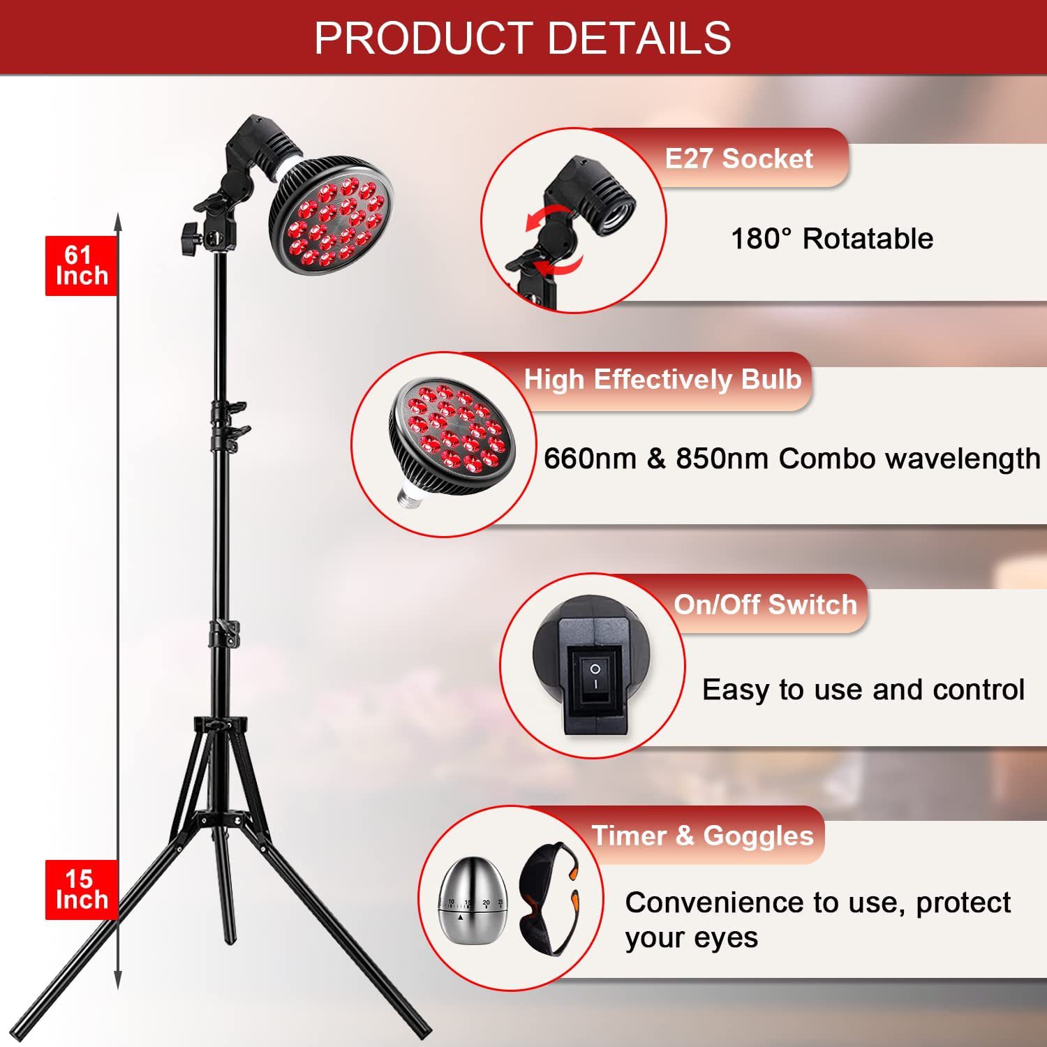 Lampe de thérapie à lumière rouge 660&nbsp;nm lumière rouge et 850&nbsp;nm près de la lumière infrarouge 54&nbsp;W avec support