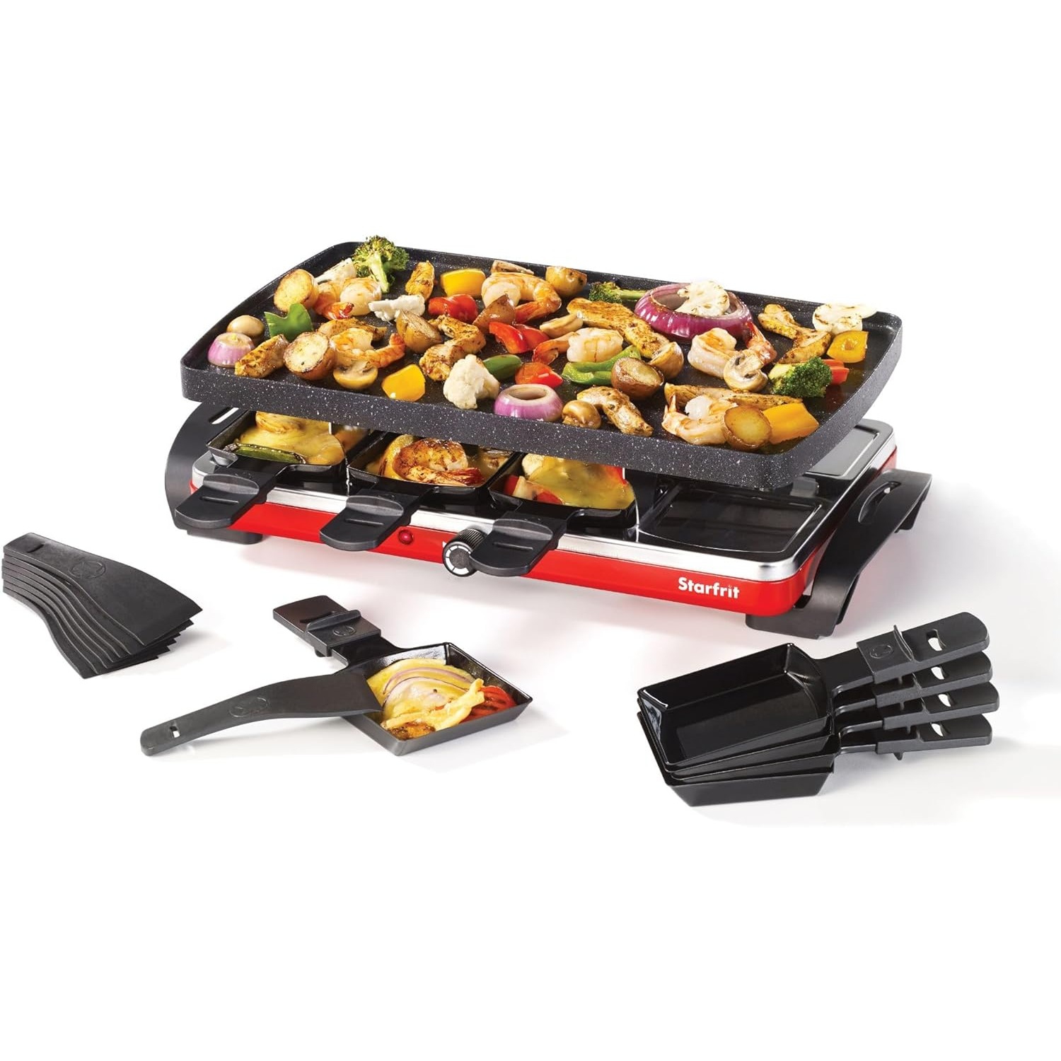 Raclette électrique Starfrit The Rock, gril de fête pour 8&nbsp;personnes avec assiette réversible et 8 spatules, 1500&nbsp;W.