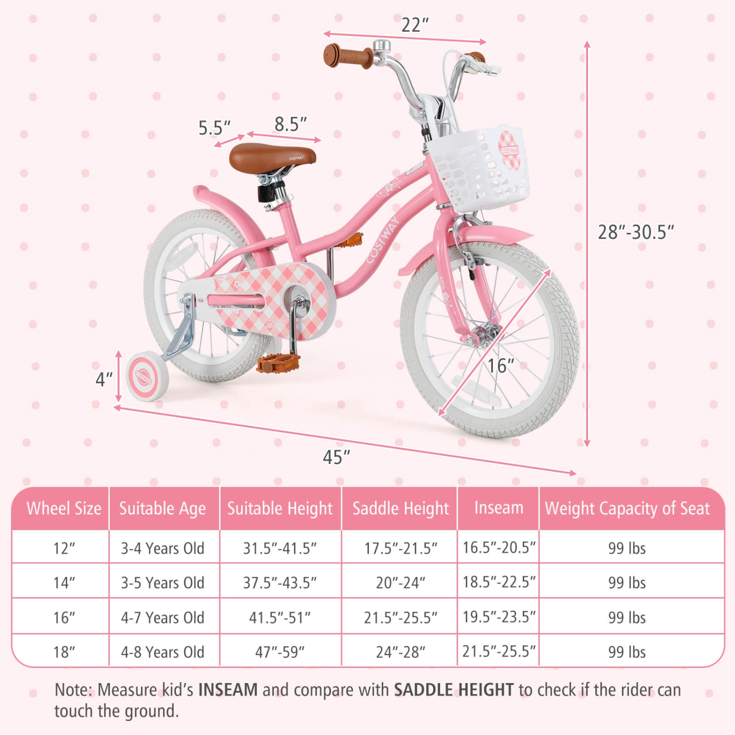 Costway 16" Kids Bike Toddler Adjustable Bicycle with Training Wheel for 4-7 Years Old Girl Pink