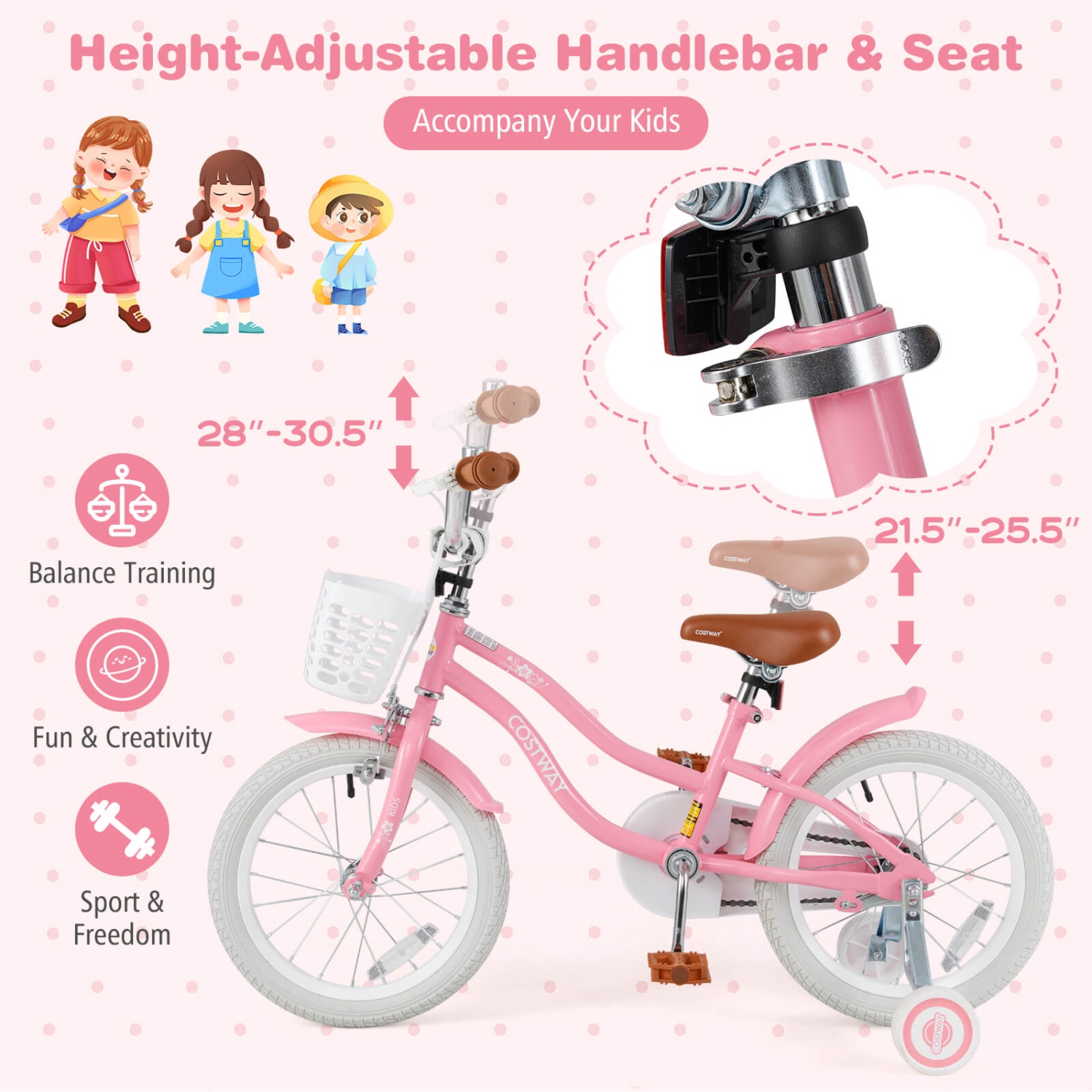 Costway 16" Kids Bike Toddler Adjustable Bicycle with Training Wheel for 4-7 Years Old Girl Pink