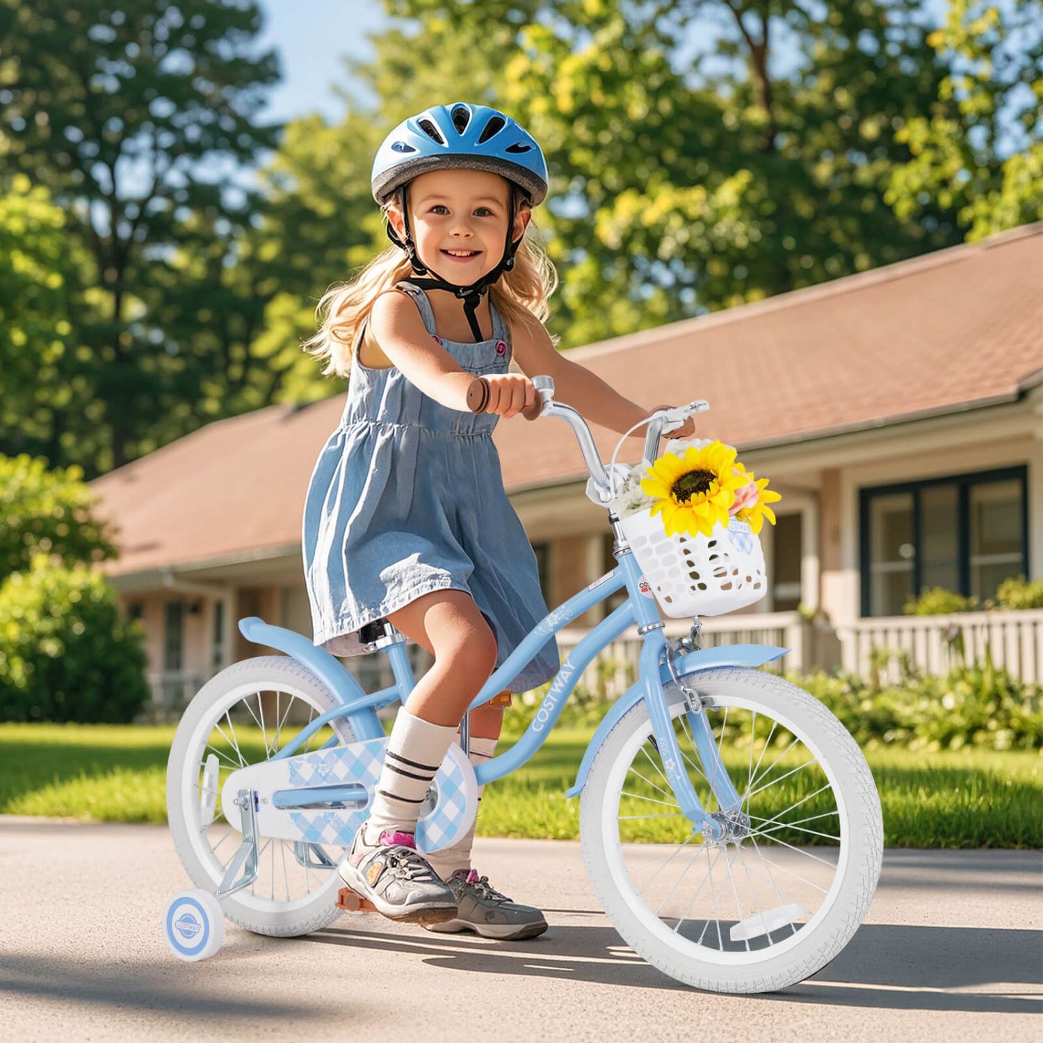 Vélo pour enfants de 18 po avec béquille de roue d'entraînement pour enfants de Costway, bleu pendant 4-8 ans
