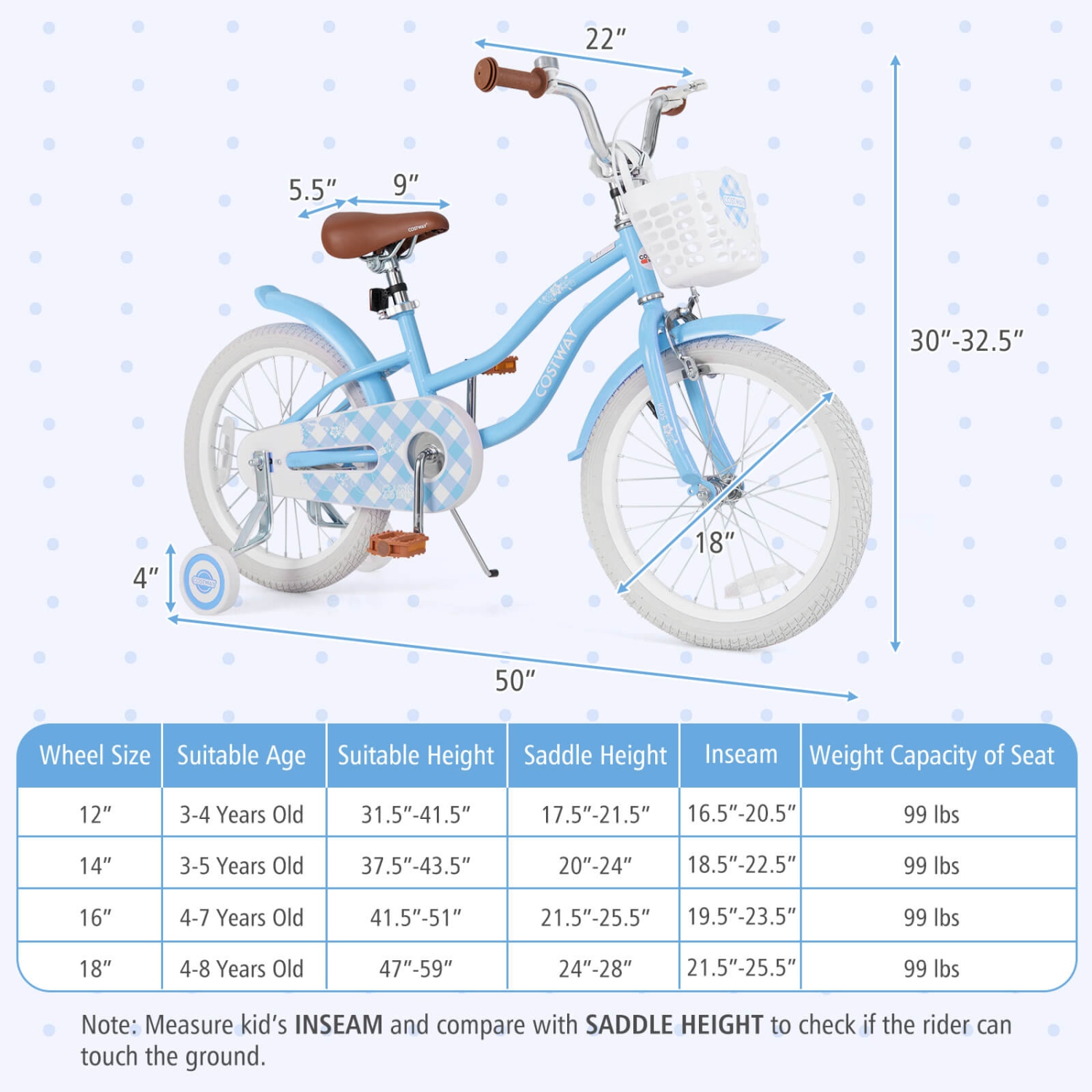 Vélo pour enfants de 18 po avec béquille de roue d'entraînement pour enfants de Costway, bleu pendant 4-8 ans