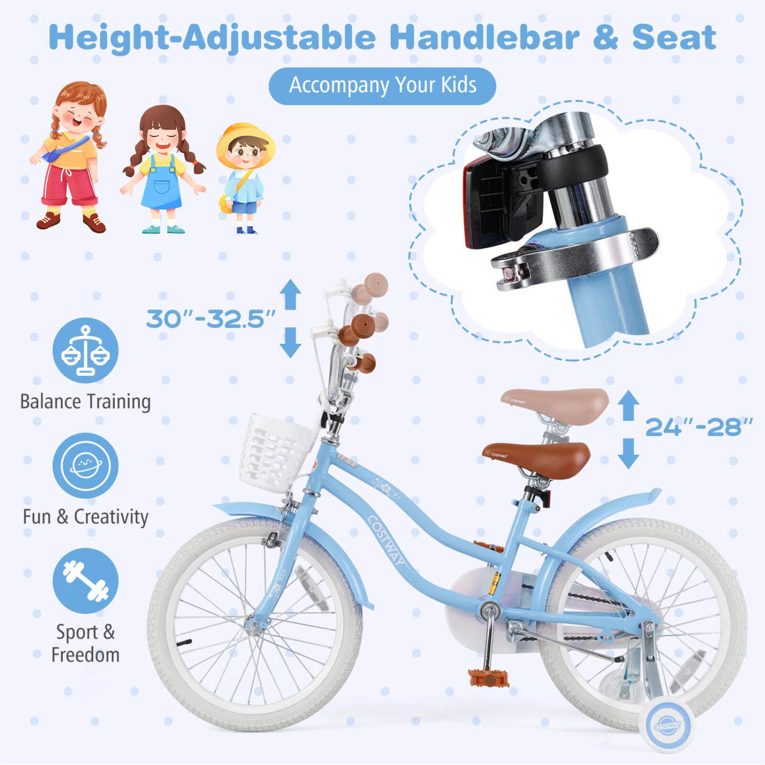 Vélo pour enfants de 18 po avec béquille de roue d'entraînement pour enfants de Costway, bleu pendant 4-8 ans