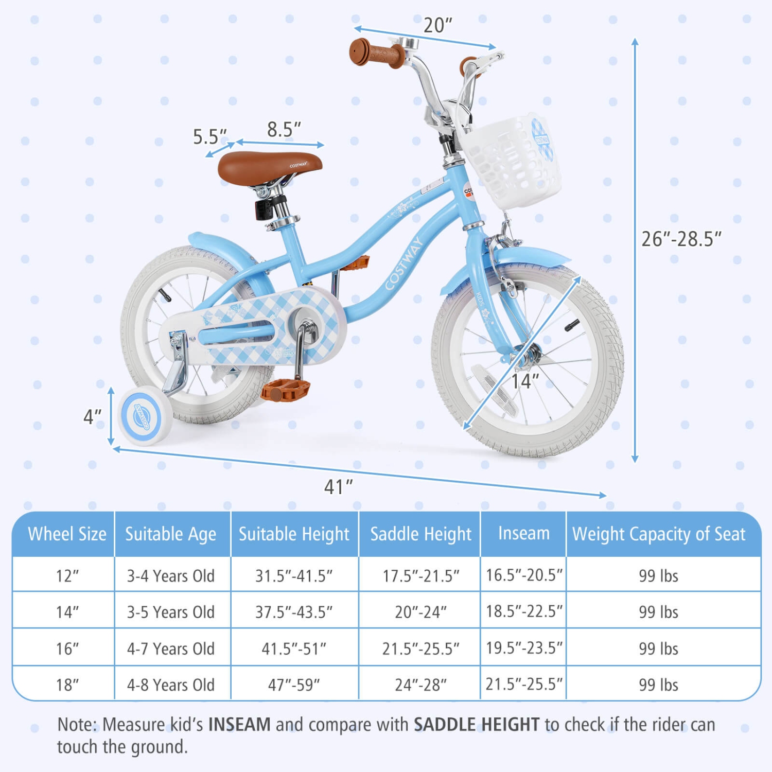 Costway 14" Kid's Bike with Removable Training Wheels & Basket for 3-5 Years Old