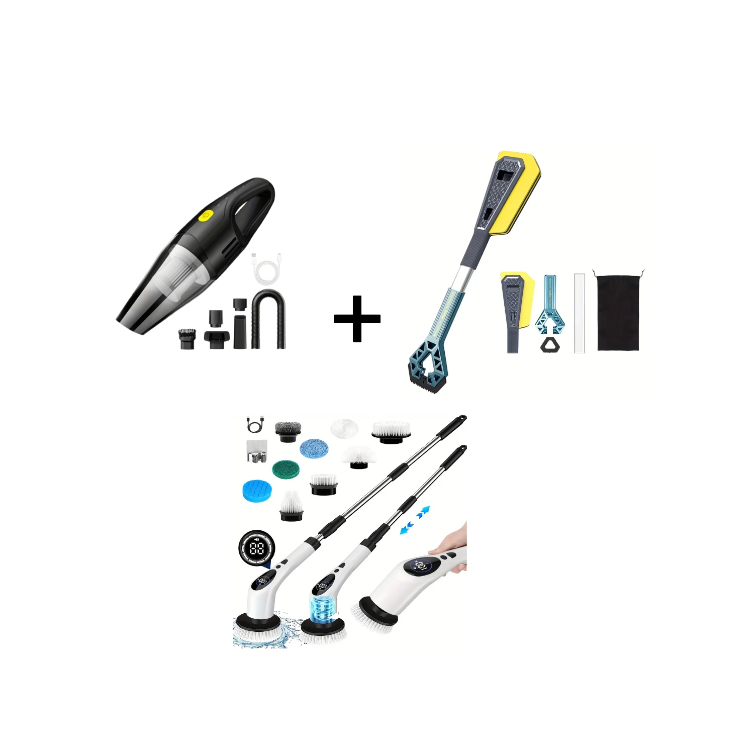 3-in-1 Handheld Vacuum, Car Cleaner & Electric Scrubber – Powerful Suction, Snow Brush, Ice Scraper, & Bathroom Scrub