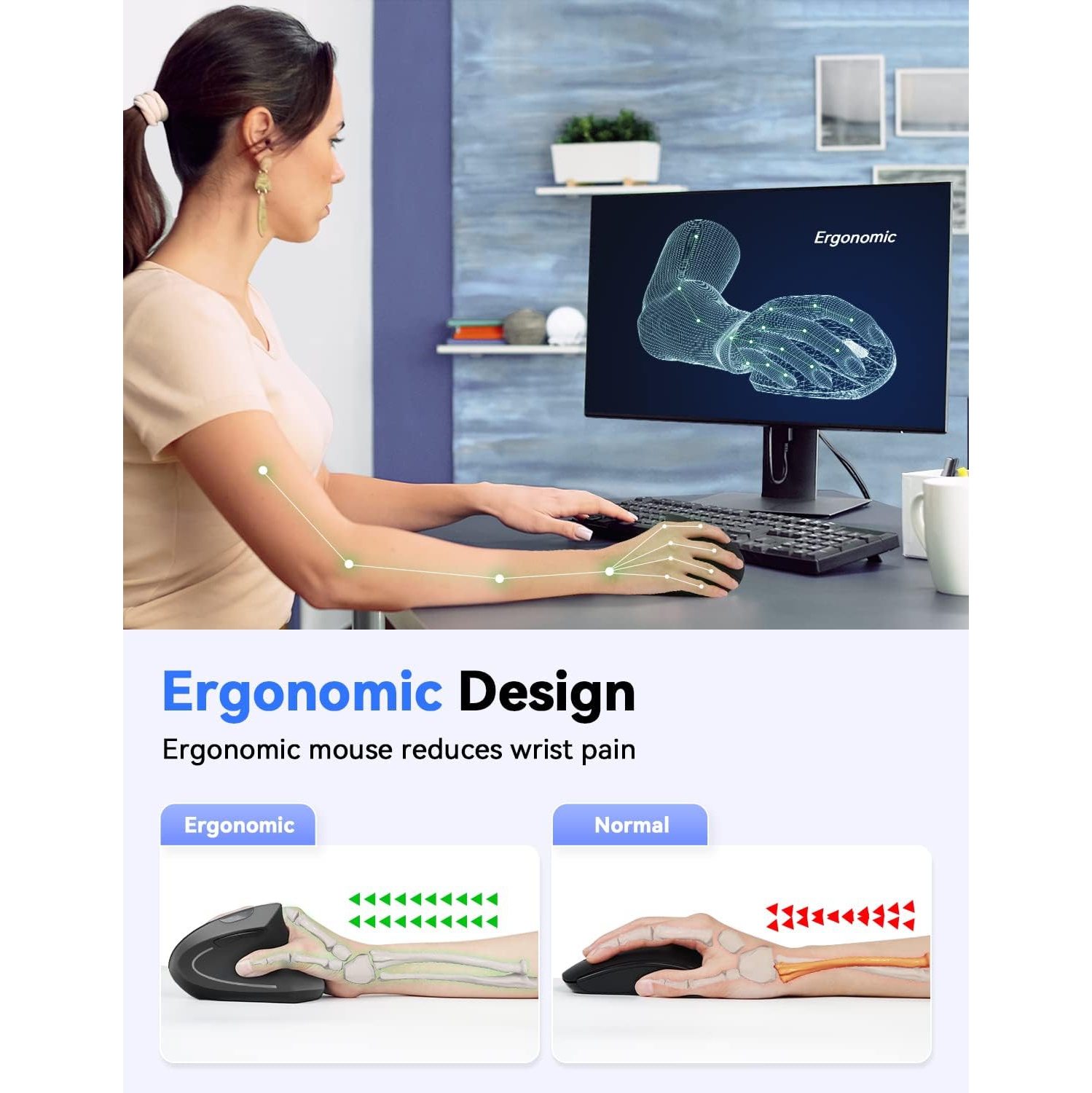 TECKNET Ergonomic Mouse 4800 DPI Silent Mouse 5 Adjustable DPI Wireless Mouse 2.4G Vertical Mouse 6 Buttons Computer Mouse