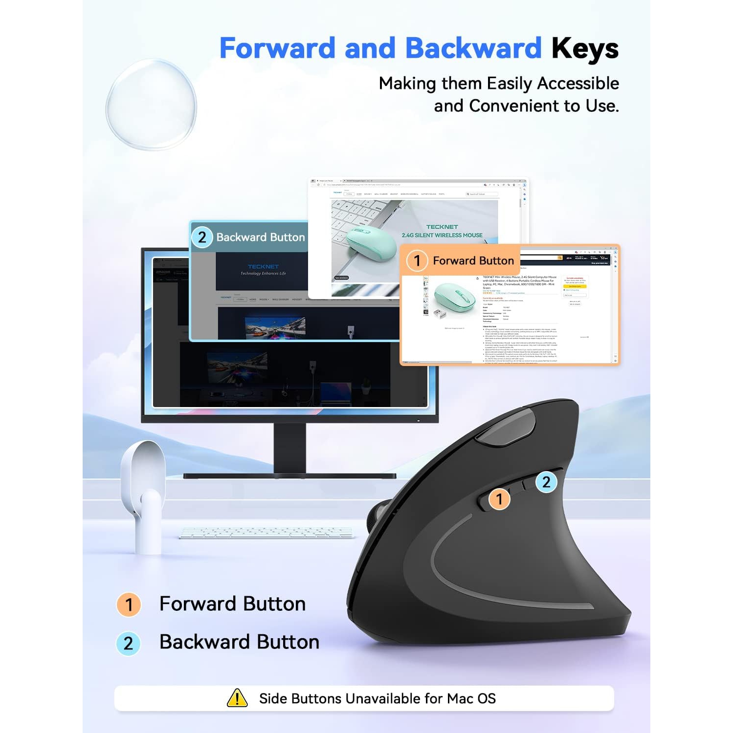 TECKNET Ergonomic Mouse 4800 DPI Silent Mouse 5 Adjustable DPI Wireless Mouse 2.4G Vertical Mouse 6 Buttons Computer Mouse