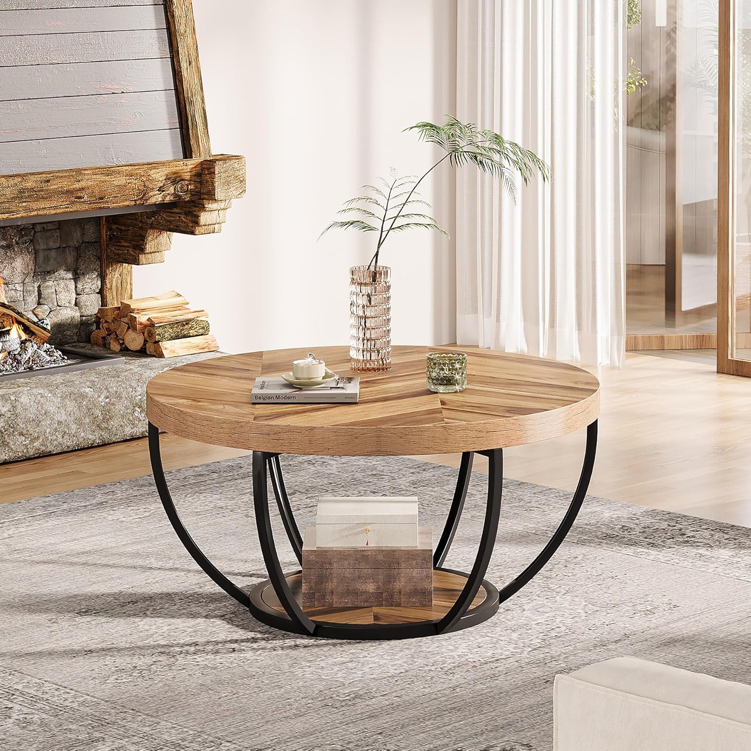 Tribesigns – Table basse ronde 31,7&nbsp;po, table basse industrielle circulaire à 2 niveaux avec tablettes de rangement