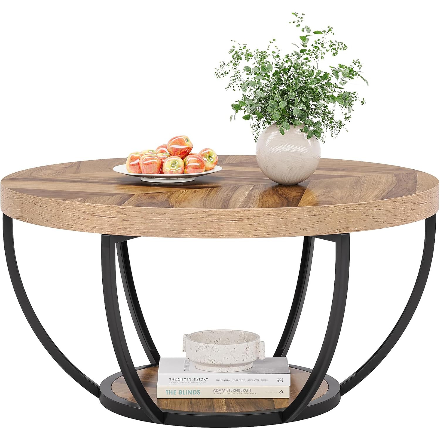 Tribesigns – Table basse ronde 31,7&nbsp;po, table basse industrielle circulaire à 2 niveaux avec tablettes de rangement