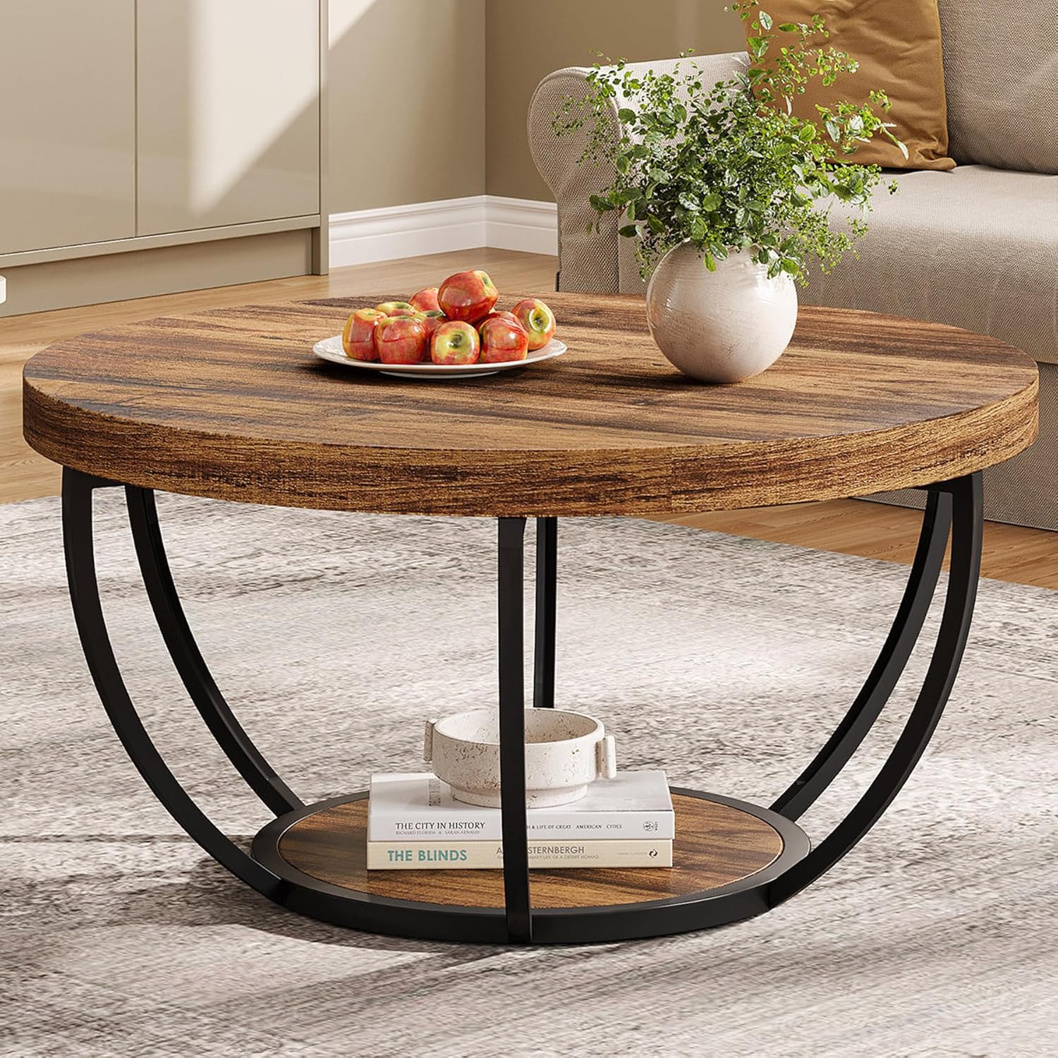Tribesigns 31.7" Round Coffee Table, Industrial 2-Tier Circle Coffee Table with Storage Shelves