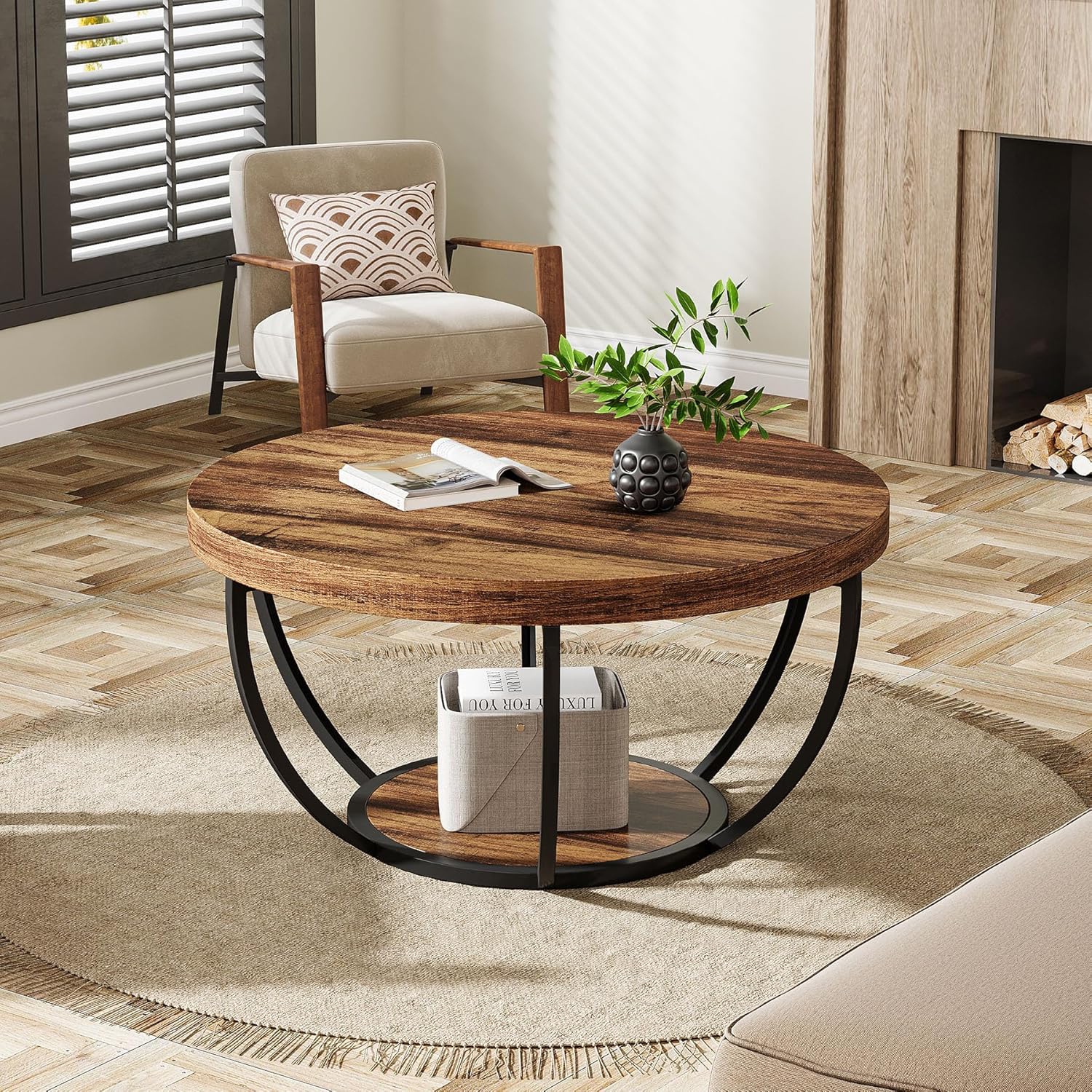 Tribesigns 31.7" Round Coffee Table, Industrial 2-Tier Circle Coffee Table with Storage Shelves