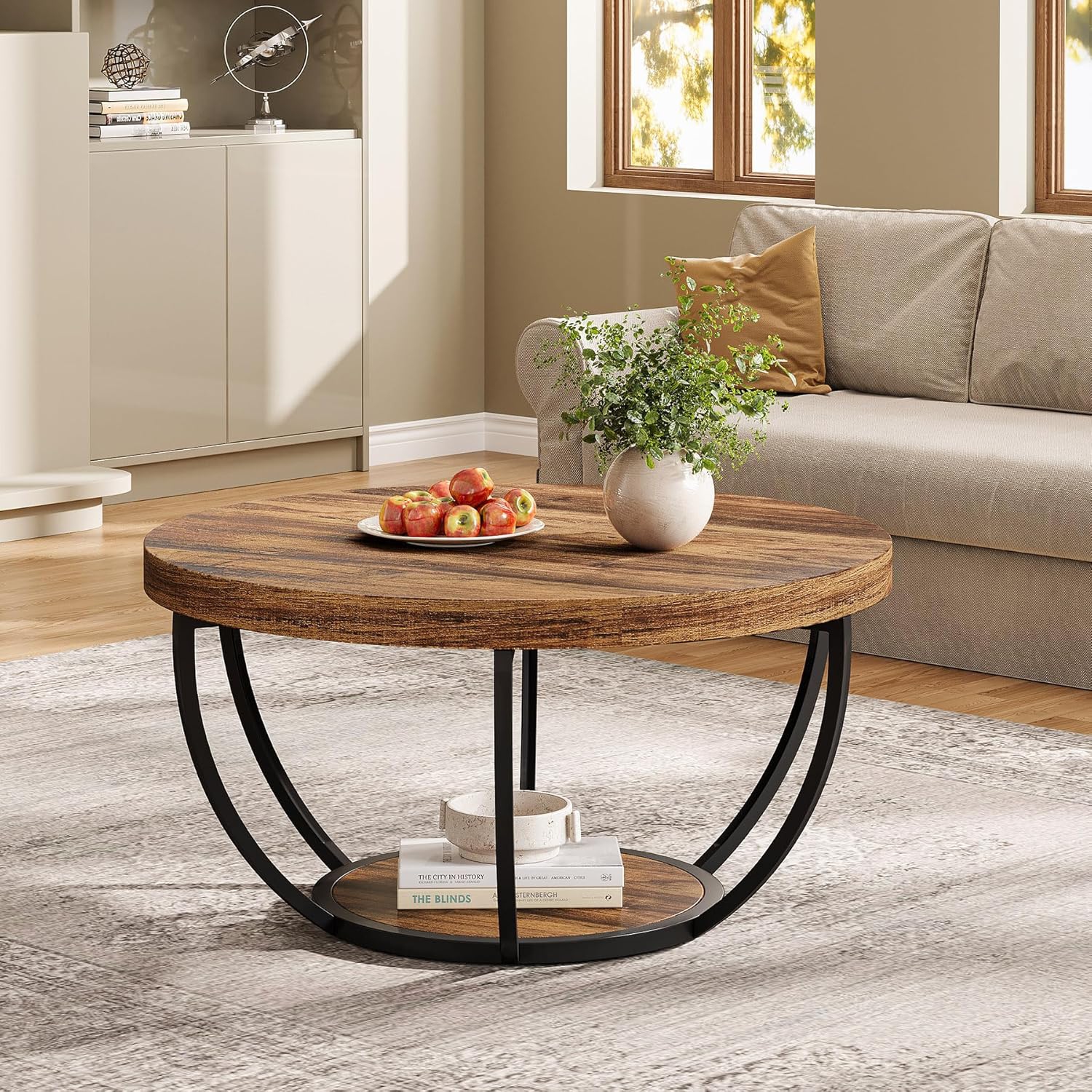 Tribesigns 31.7" Round Coffee Table, Industrial 2-Tier Circle Coffee Table with Storage Shelves