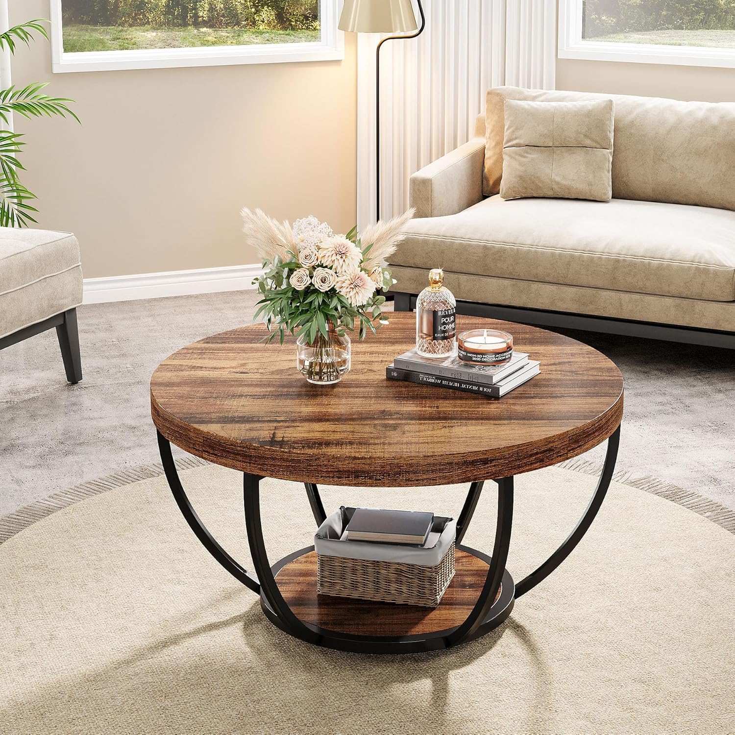 Tribesigns 31.7" Round Coffee Table, Industrial 2-Tier Circle Coffee Table with Storage Shelves