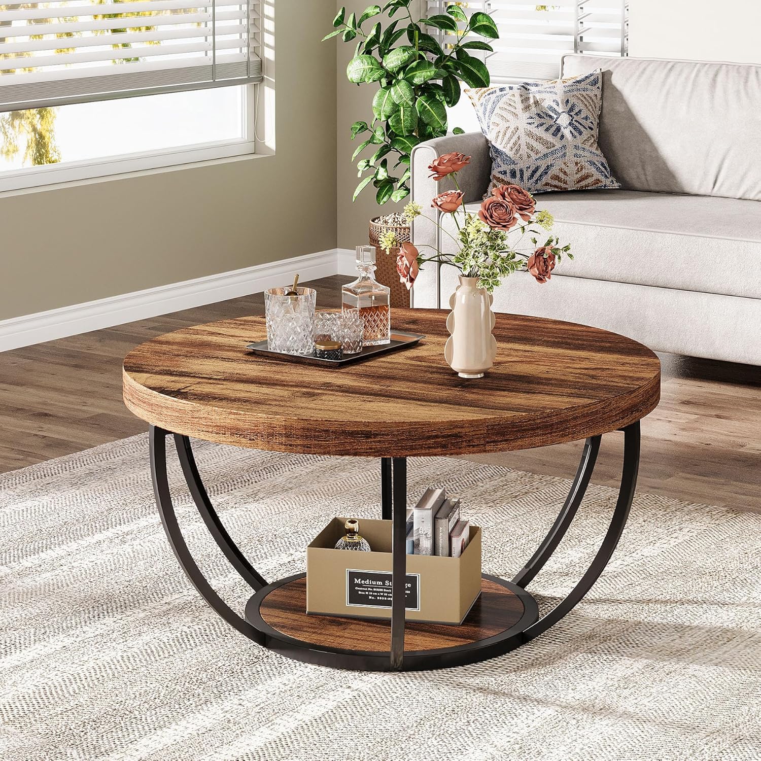 Tribesigns 31.7" Round Coffee Table, Industrial 2-Tier Circle Coffee Table with Storage Shelves