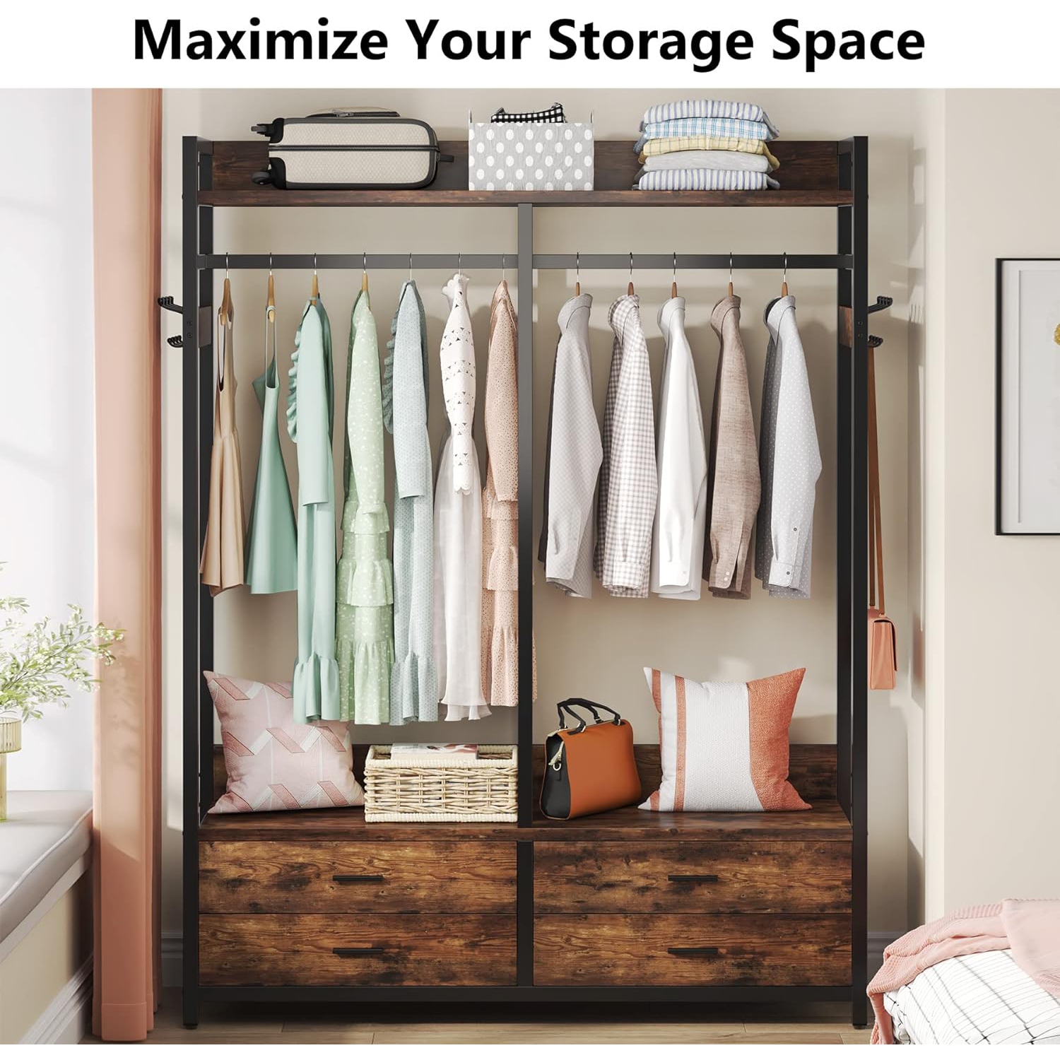 Tribesigns Freestanding Closet Organizer for Hanging Clothes, Heavy Duty Garment Rack with 4 Drawers, 8 Hooks and Storage Shelves