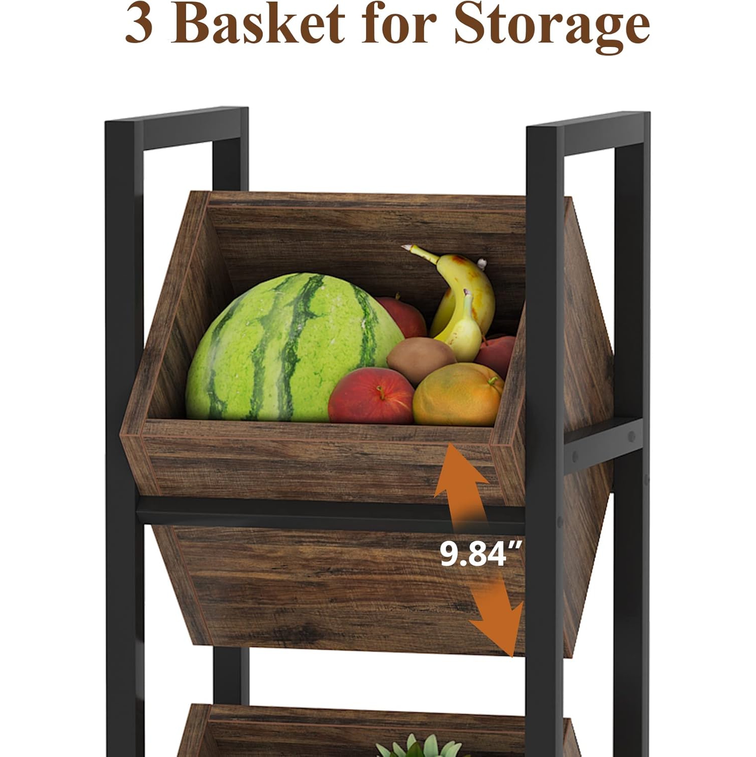 Tribesigns Basket Stand, 3 Tier Wood Snack Rack with Baskets, Rustic Vertical Standing Fruit Stand