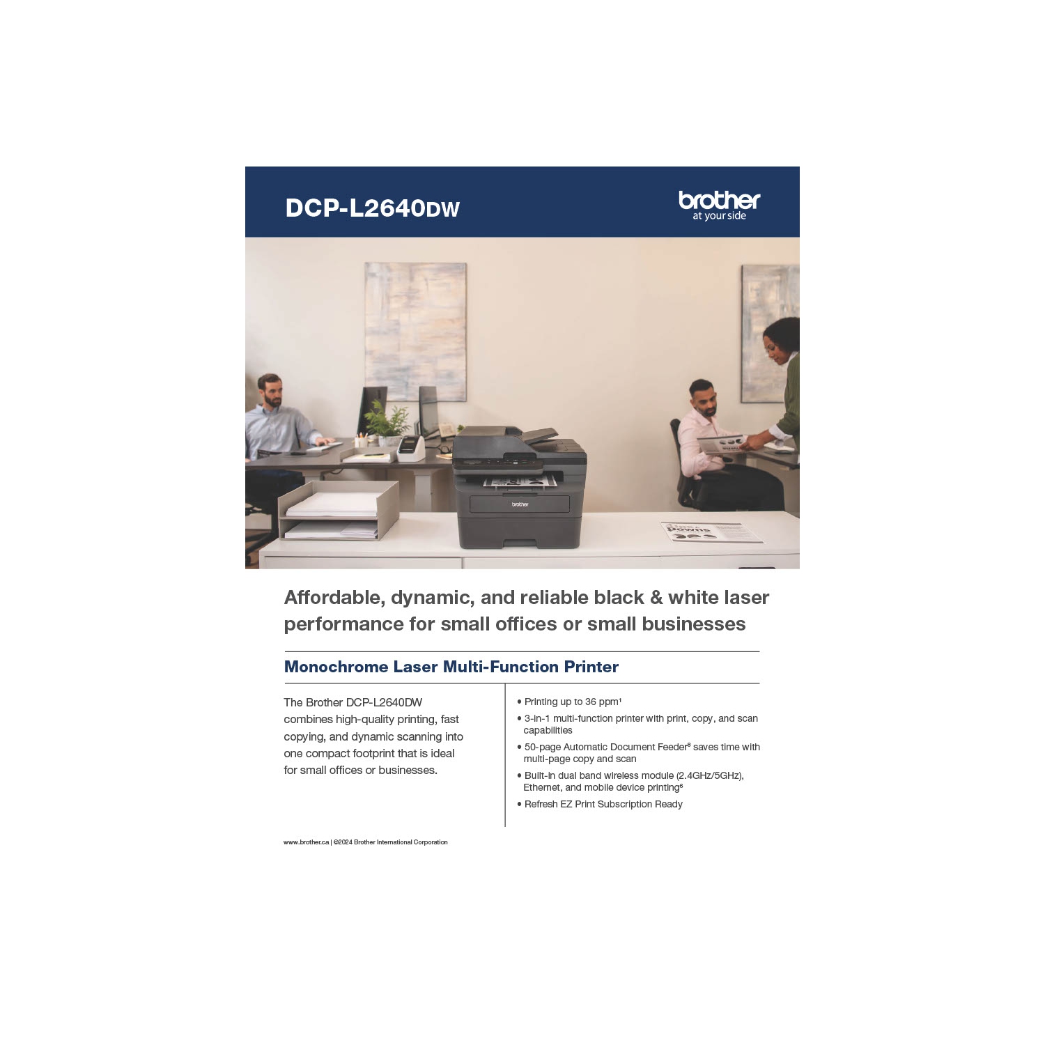 BROTHER MONOCHROME DCPL2640DW LASER MULTIFUNCTION PRINTER, WIRELESS+1 BOX OF 24# 100 BRIGHT LASER PAPER.