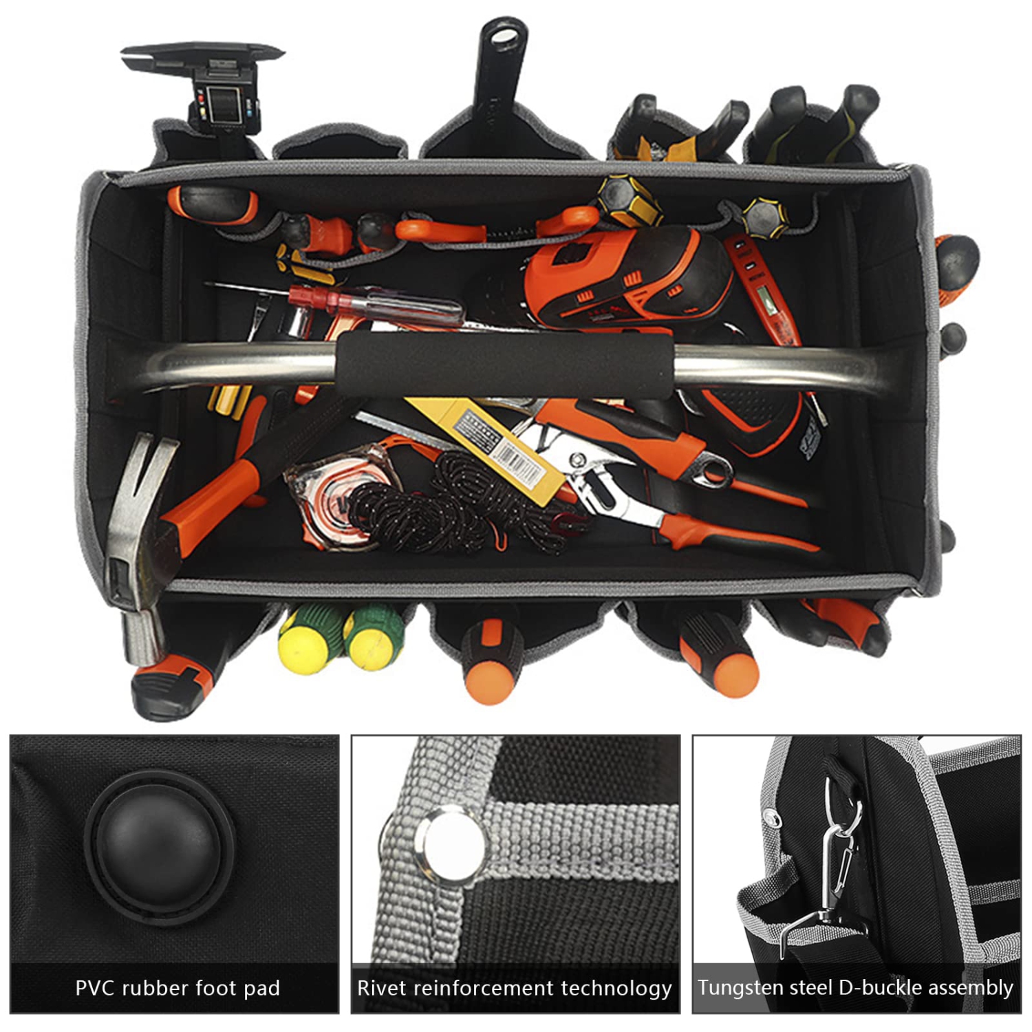 Sac fourre-tout à outils ouvert pour menuisier électricien avec poignée et bandoulière