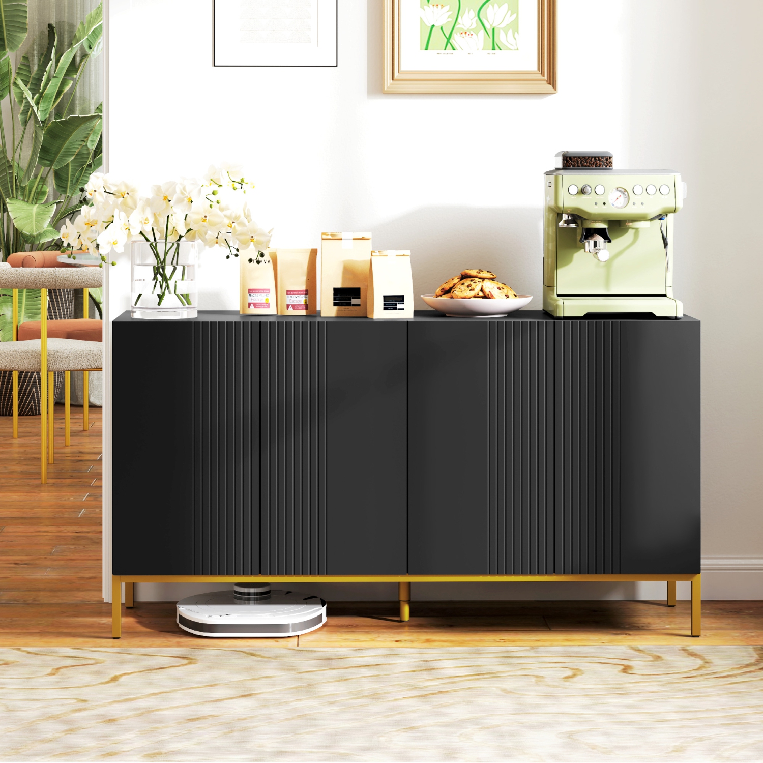 HOMCOM Sideboard Buffet Cabinet, Kitchen Storage Cabinet with Adjustable Shelves, Soft-Close Doors and Gold Legs, Modern Coffee Bar Cabinet, Black