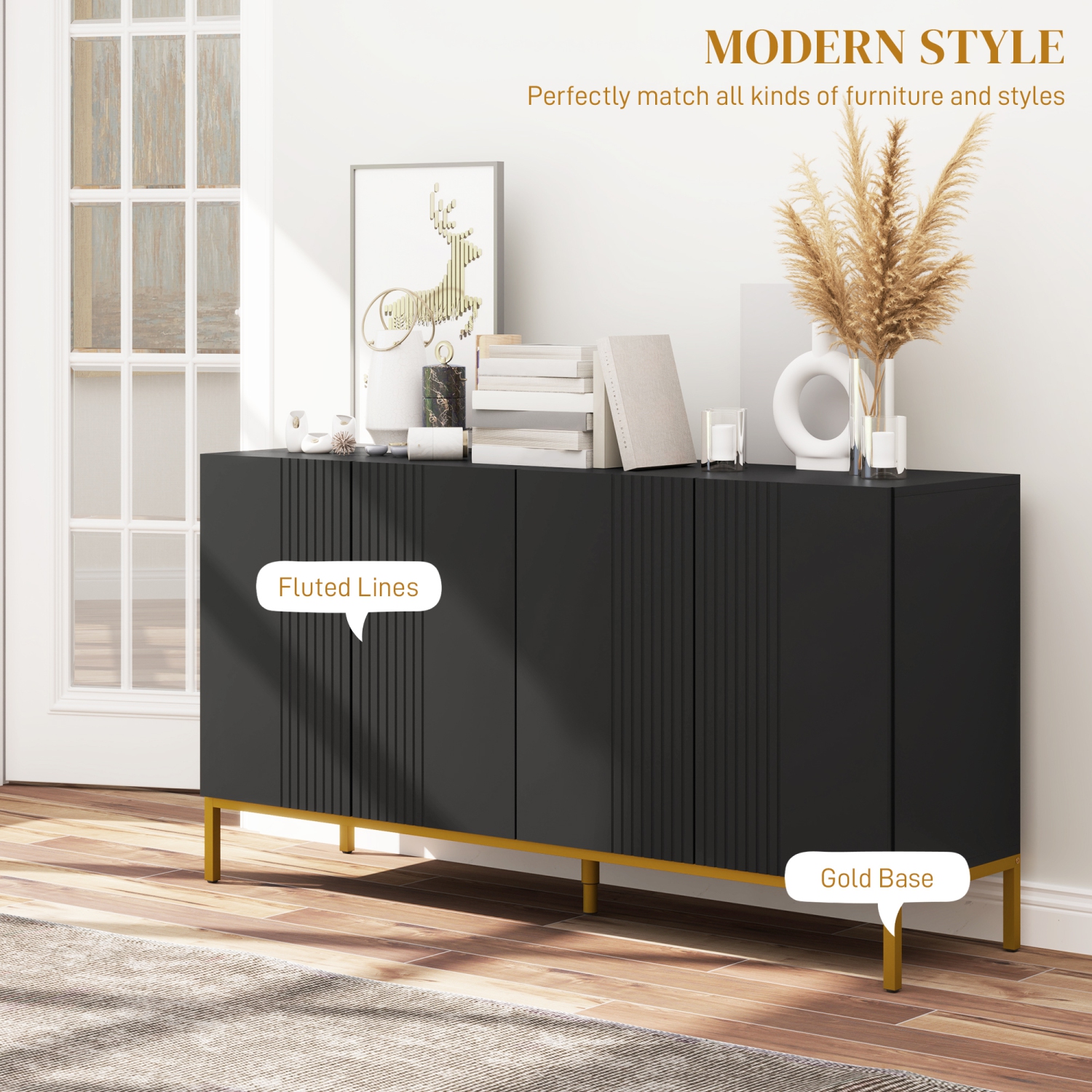 HOMCOM Sideboard Buffet Cabinet, Kitchen Storage Cabinet with Adjustable Shelves, Soft-Close Doors and Gold Legs, Modern Coffee Bar Cabinet, Black