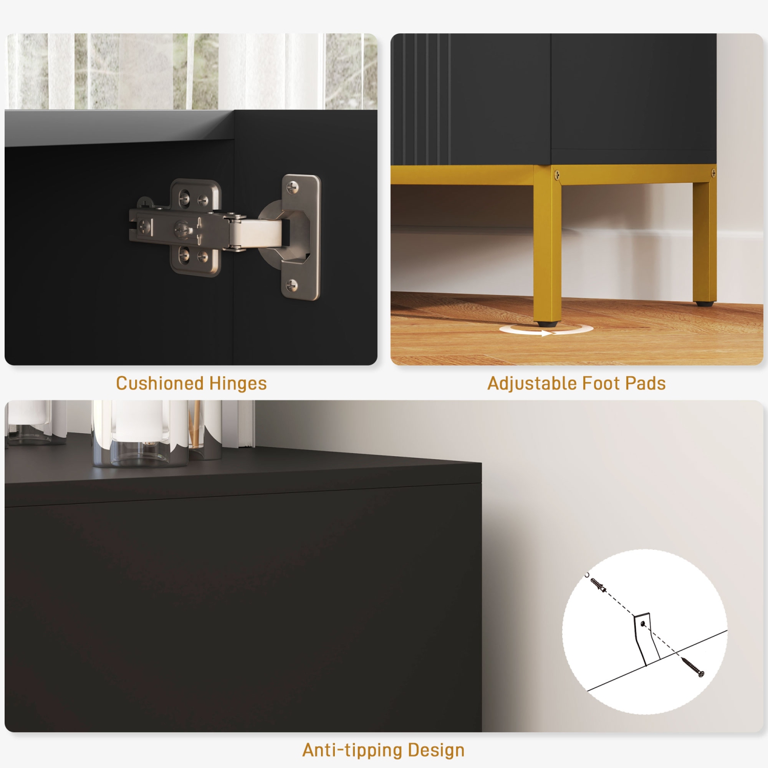 HOMCOM Sideboard Buffet Cabinet, Kitchen Storage Cabinet with Adjustable Shelves, Soft-Close Doors and Gold Legs, Modern Coffee Bar Cabinet, Black