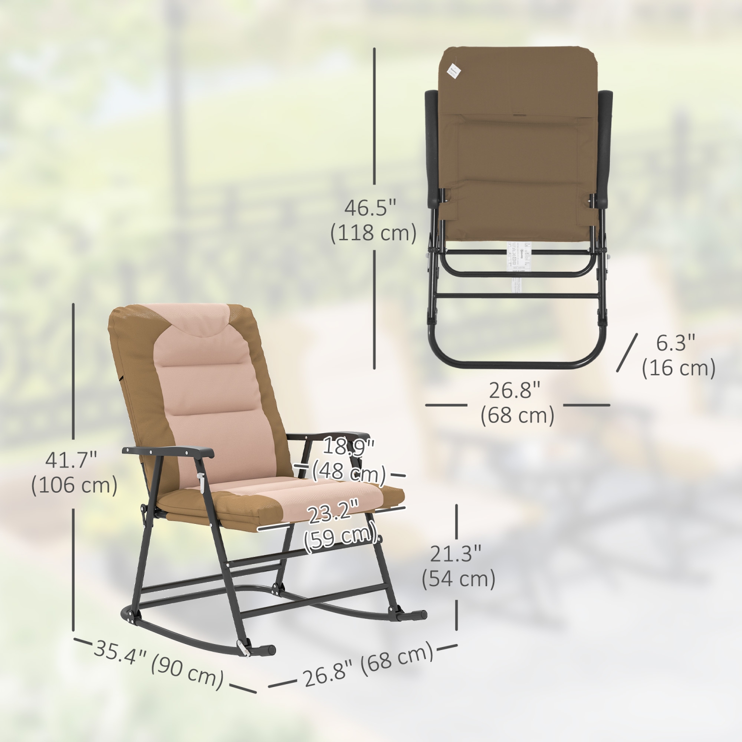 Outsunny 2pc Patio Foldable Rocking Chair Set w/ Soft Padded Seat, Backrest, and Headrest for park, backyard, garden, Light Brown