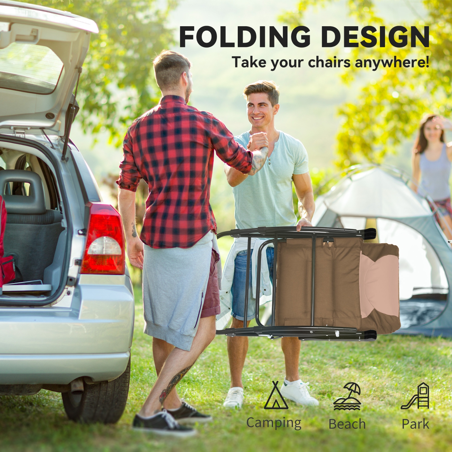 Outsunny 2pc Patio Foldable Rocking Chair Set w/ Soft Padded Seat, Backrest, and Headrest for park, backyard, garden, Light Brown