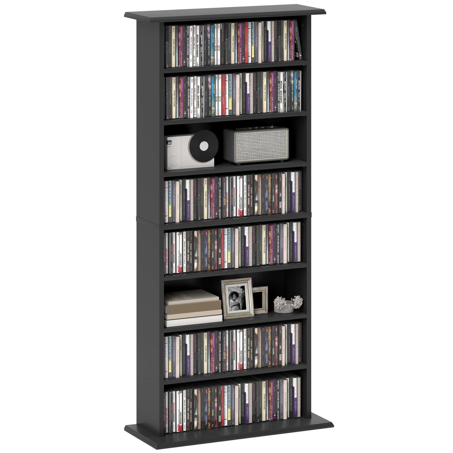 Armoire de rangement multimédia mince de HOMCOM, tablette DVD à 8 niveaux avec 6 tablettes réglables, 8 compartiments, peut contenir 360 CD, 185 DVD
