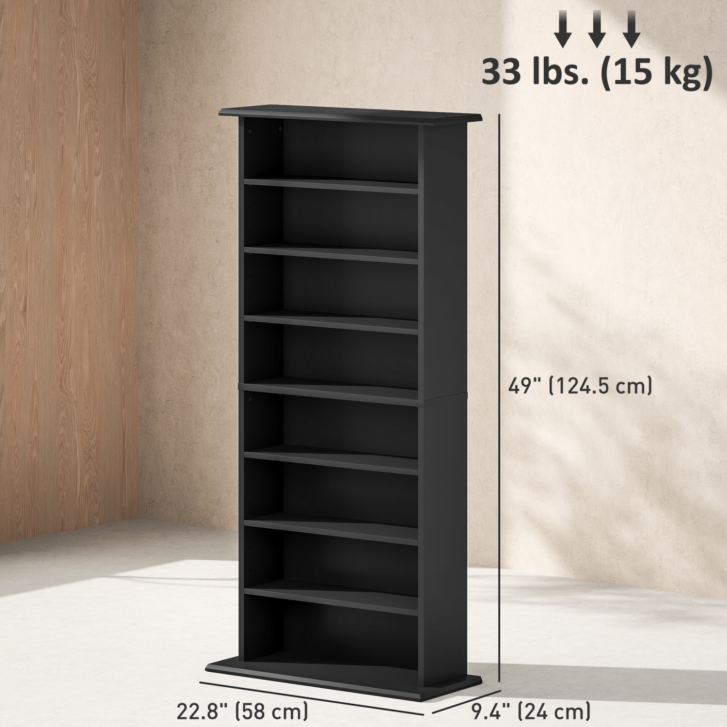Armoire de rangement multimédia mince de HOMCOM, tablette DVD à 8 niveaux avec 6 tablettes réglables, 8 compartiments, peut contenir 360 CD, 185 DVD