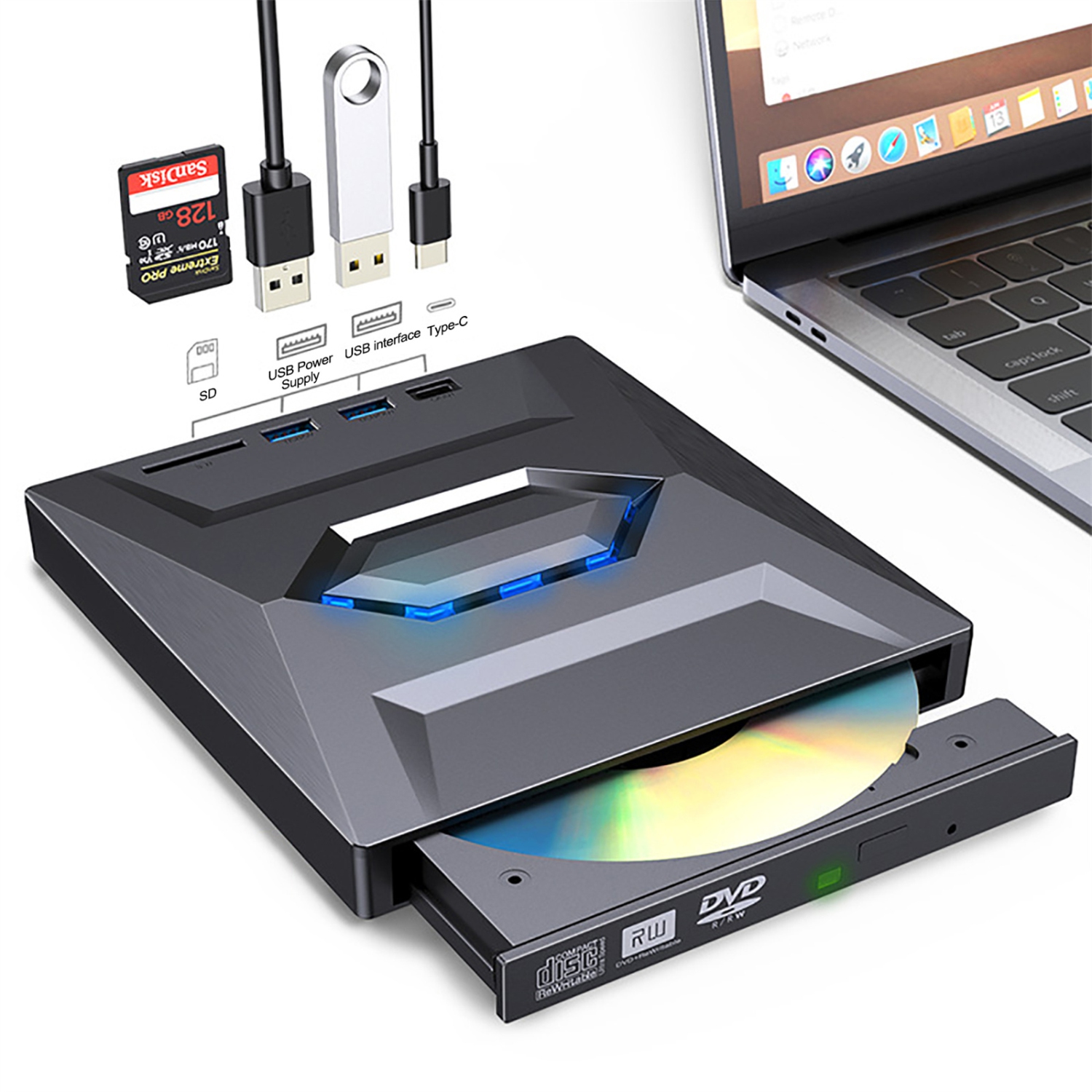 Lecteur externe de graveur CD-RW USB 3,0 DVD 7-en-1 pour ordinateur portatif