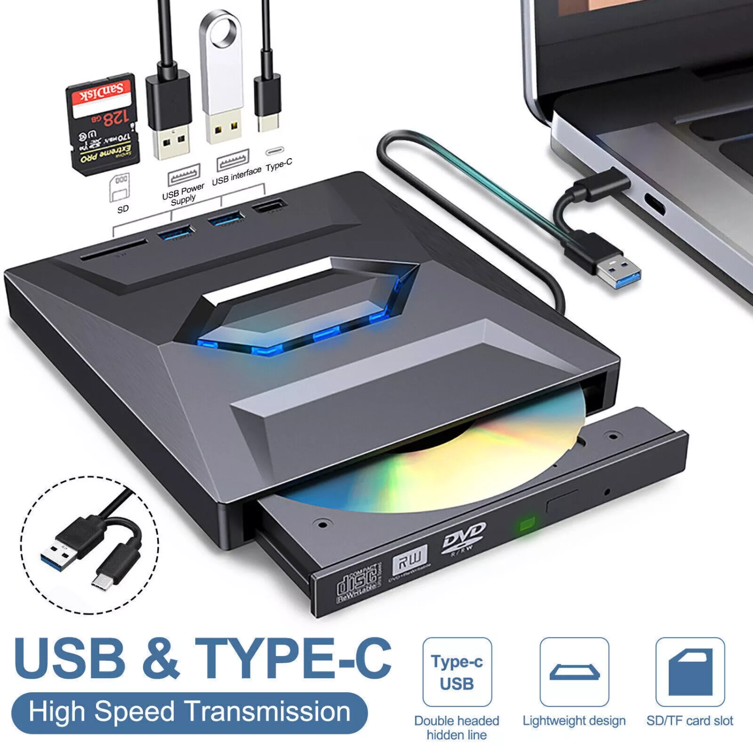 Lecteur externe de graveur CD-RW USB 3,0 DVD 7-en-1 pour ordinateur portatif