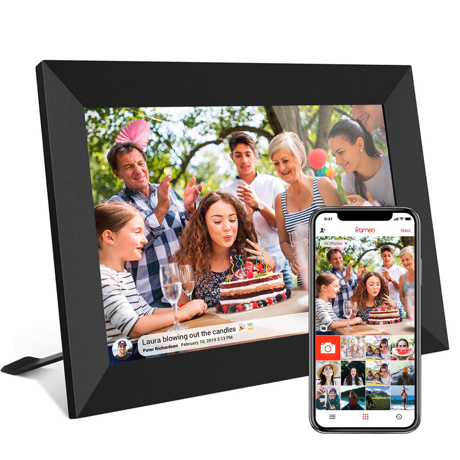 Cadre photo numérique intelligent Wi-Fi 10,1&nbsp;po, écran tactile LCD IPS 1280 x 800, rotation automatique Portrait et Paysage, mémoire 32&nbsp;Go