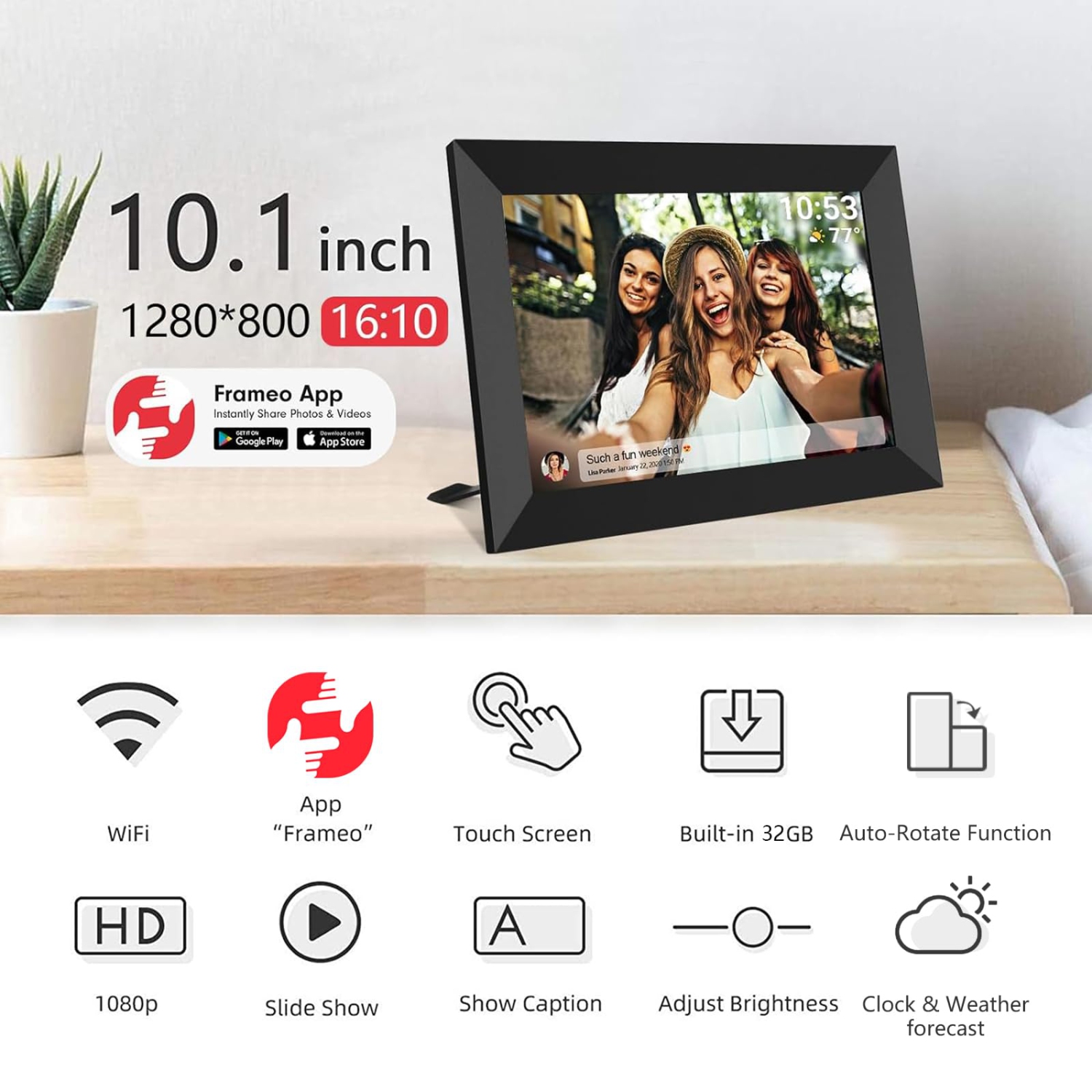 Cadre photo numérique intelligent Wi-Fi 10,1&nbsp;po, écran tactile LCD IPS 1280 x 800, rotation automatique Portrait et Paysage, mémoire 32&nbsp;Go