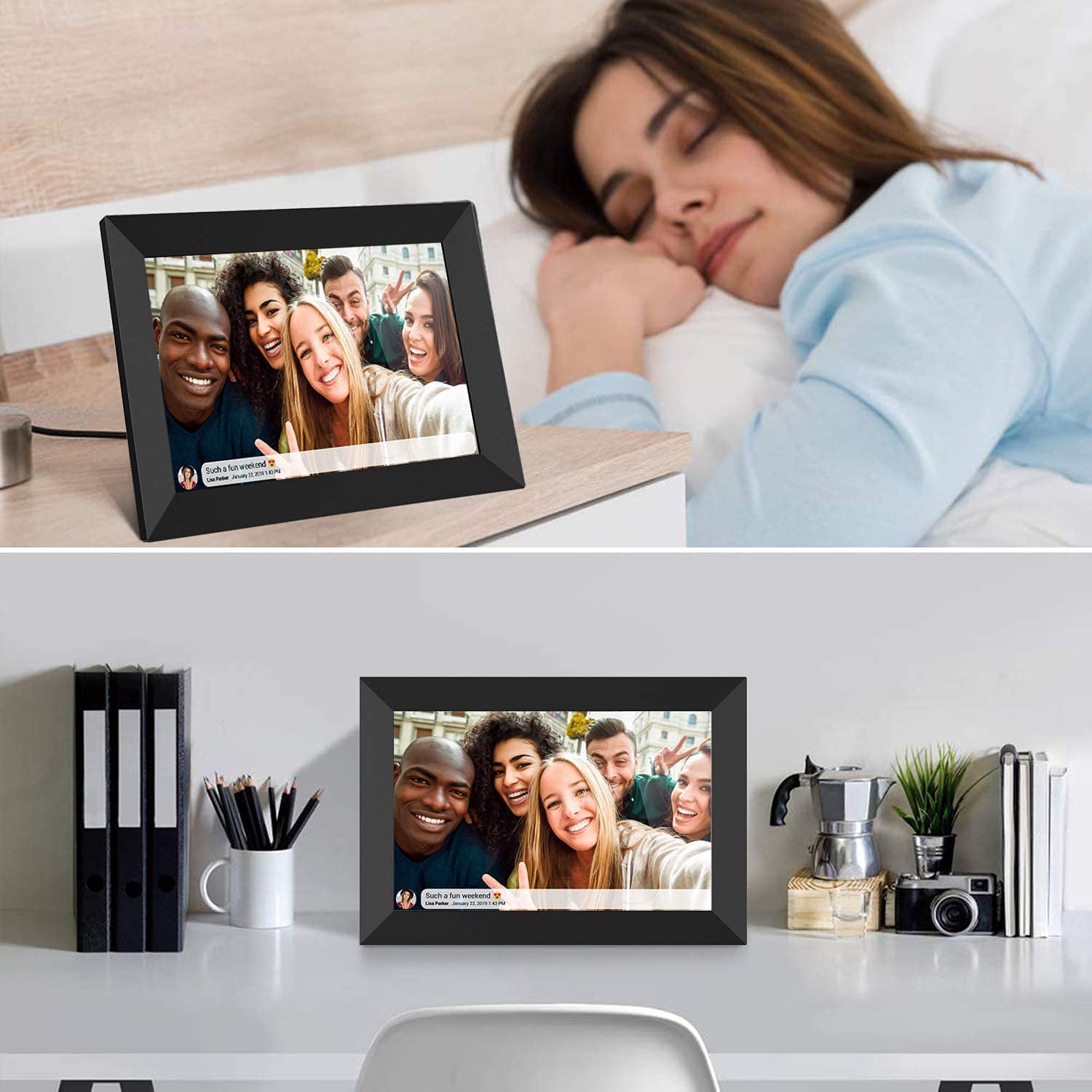 Cadre photo numérique intelligent Wi-Fi 10,1&nbsp;po, écran tactile LCD IPS 1280 x 800, rotation automatique Portrait et Paysage, mémoire 32&nbsp;Go