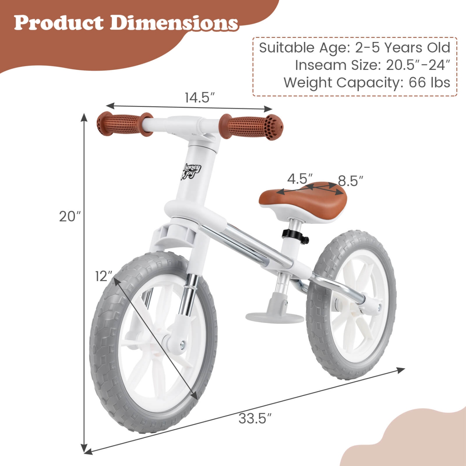 Honeyjoy 12" Balance Bike 2 Wheels Children's Bicycle with Adjustable Seat White/Green