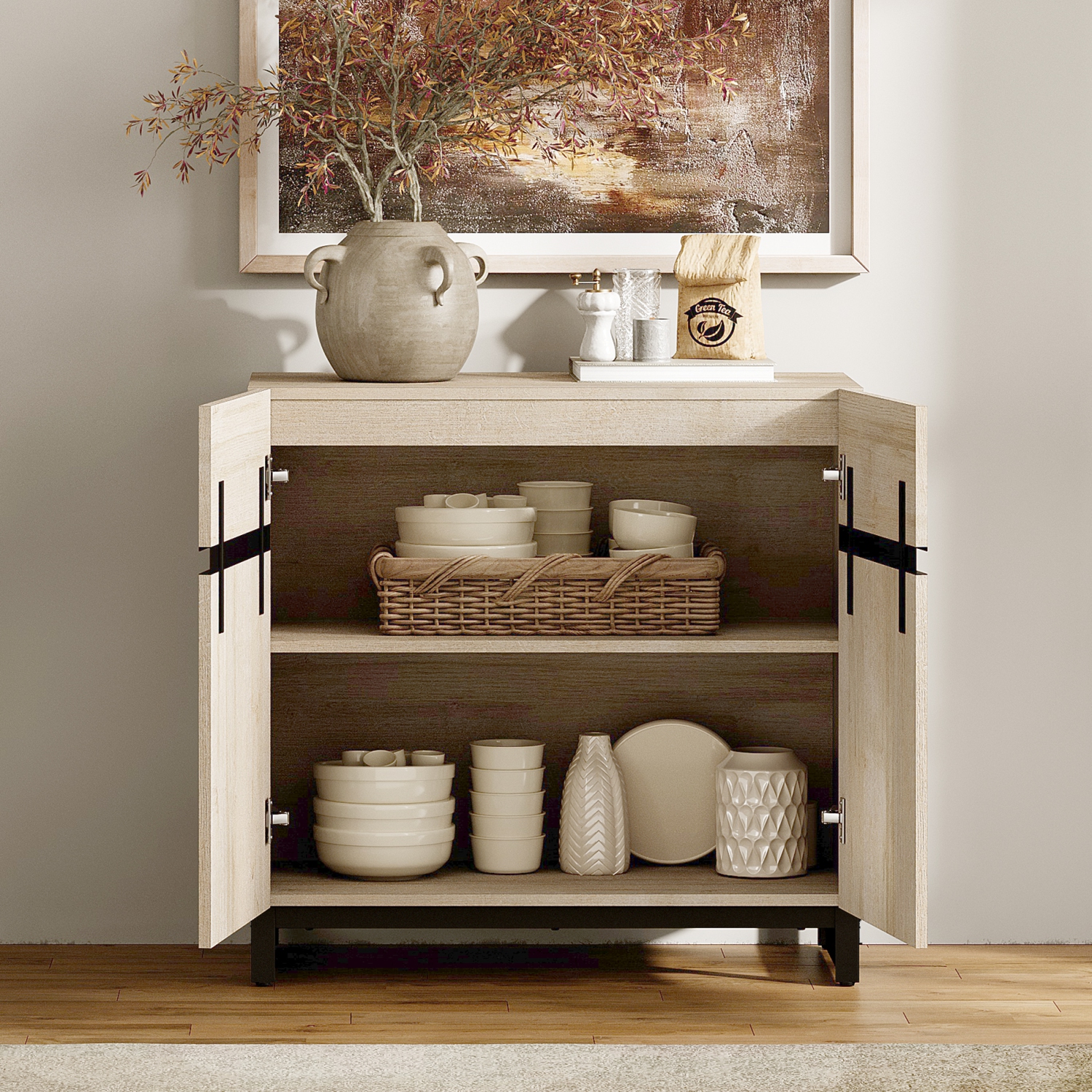 WAMPAT Sideboard Buffet Cabinet, 31.5" Kitchen Storage Cabinet with Adjustable Shelf & Doors, Modern Coffee Bar Accent Cabinet Wood Credenza for