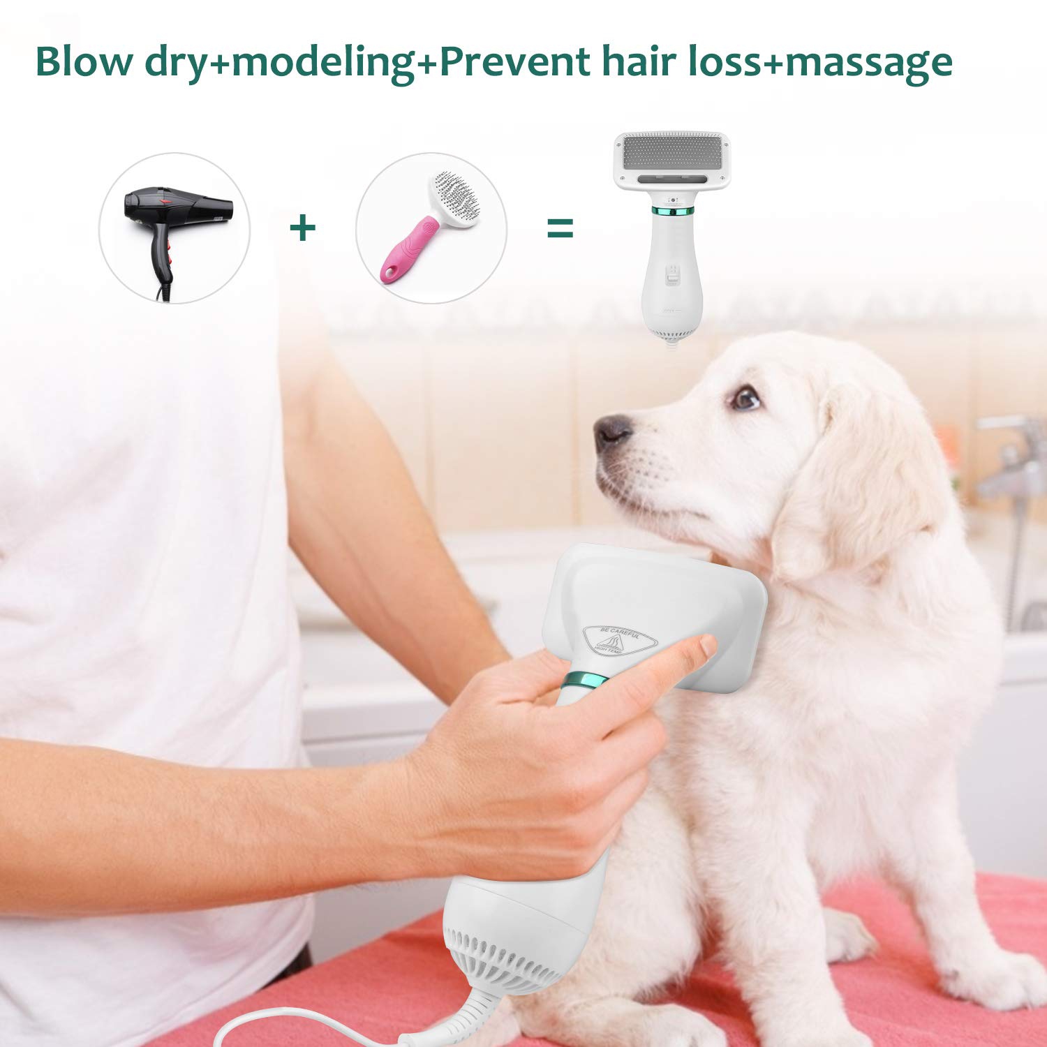 Pet Hair Dryer, 2 in 1 Portable Home Pet Hair Dryer with Slicker Brush and Fur Remover, Pet Grooming for Small Large Dogs and Cats