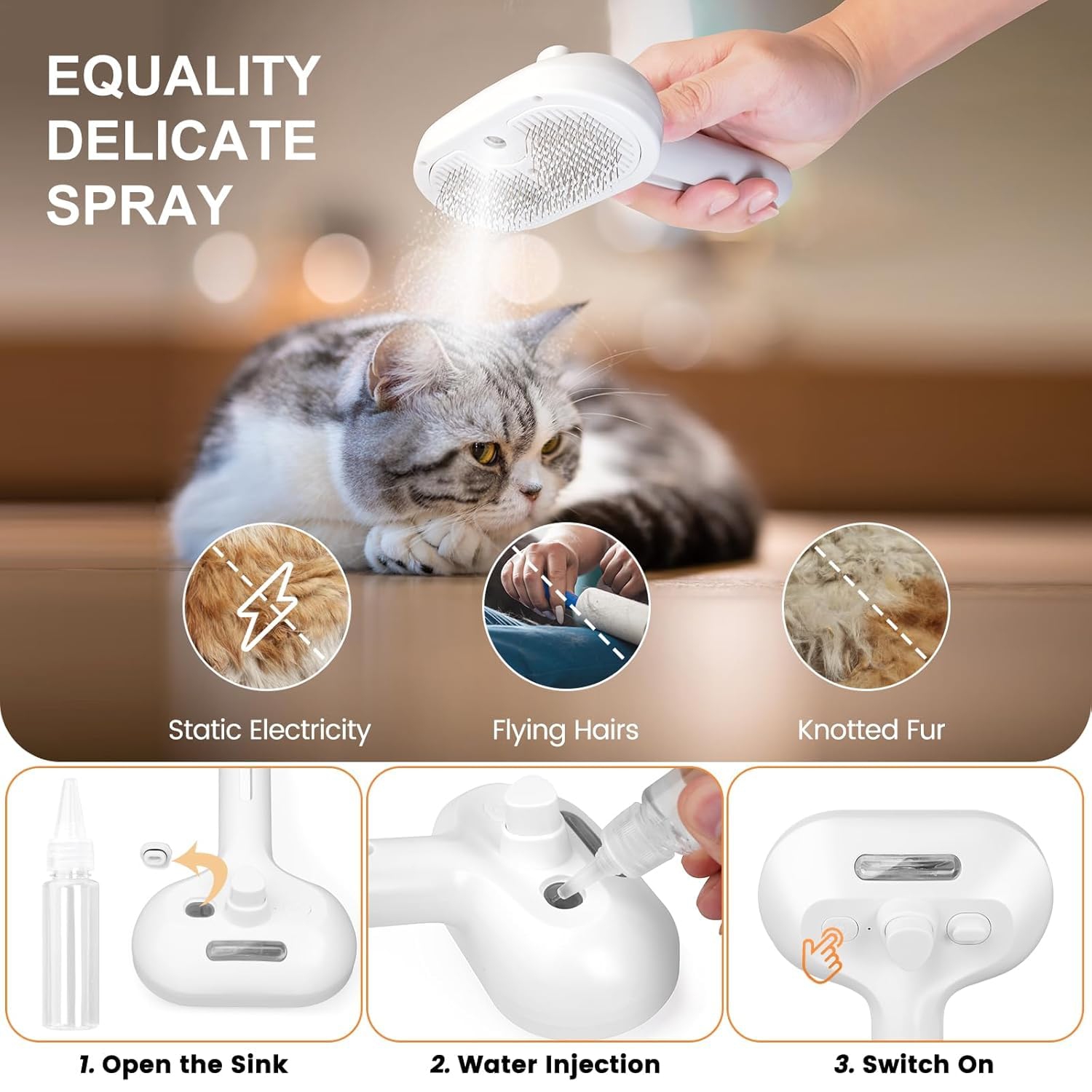 Brosse à vapeur pour chats, peigne d'épilation en vaporisateur pour animaux avec bouton de dégagement pour la coupe et le toilettage, brosse à eau