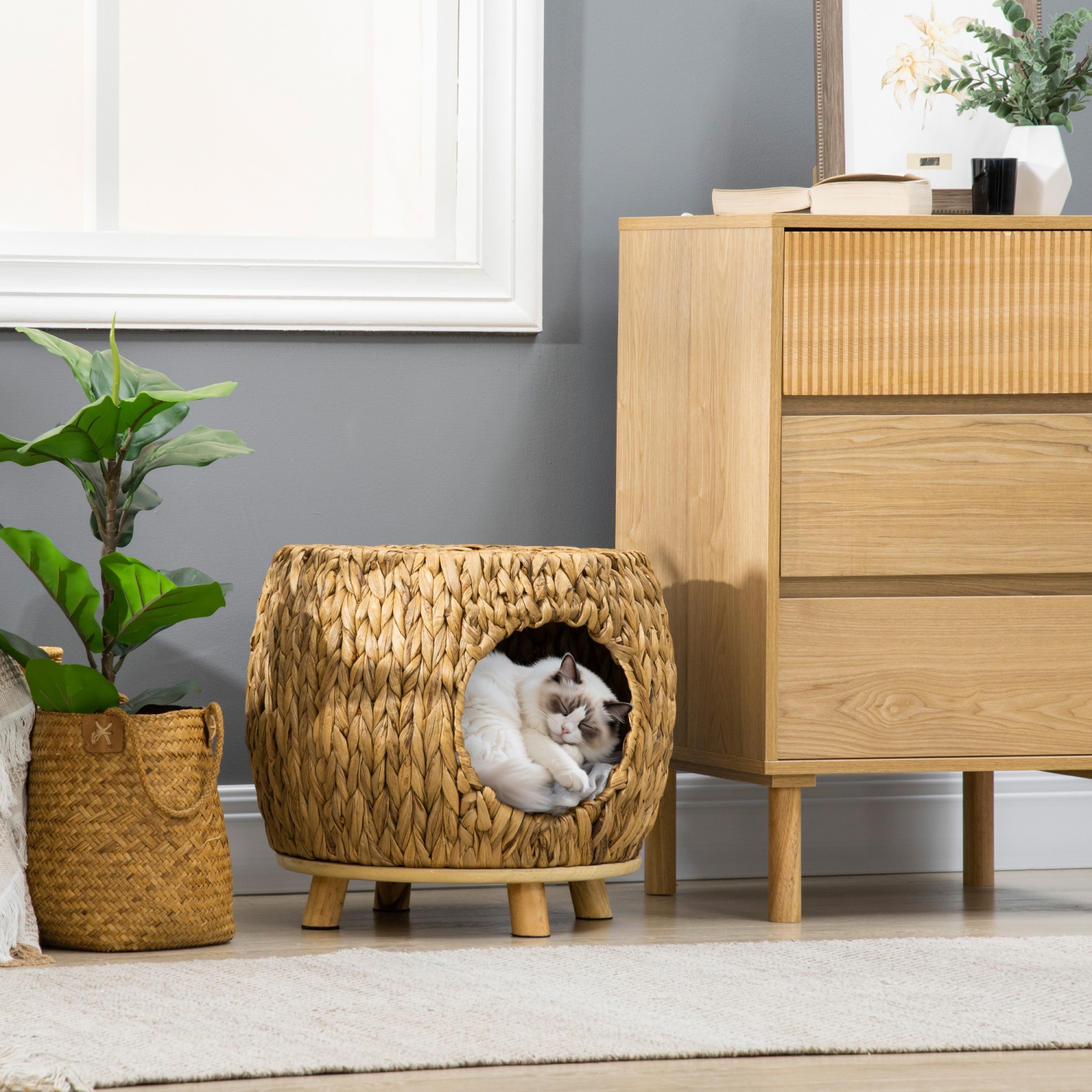 PawHut Wicker Cat Bed, Rattan Kitten Bed with Washable Cushion, Elevated Pet Bed for Indoor Cats, Light Brown