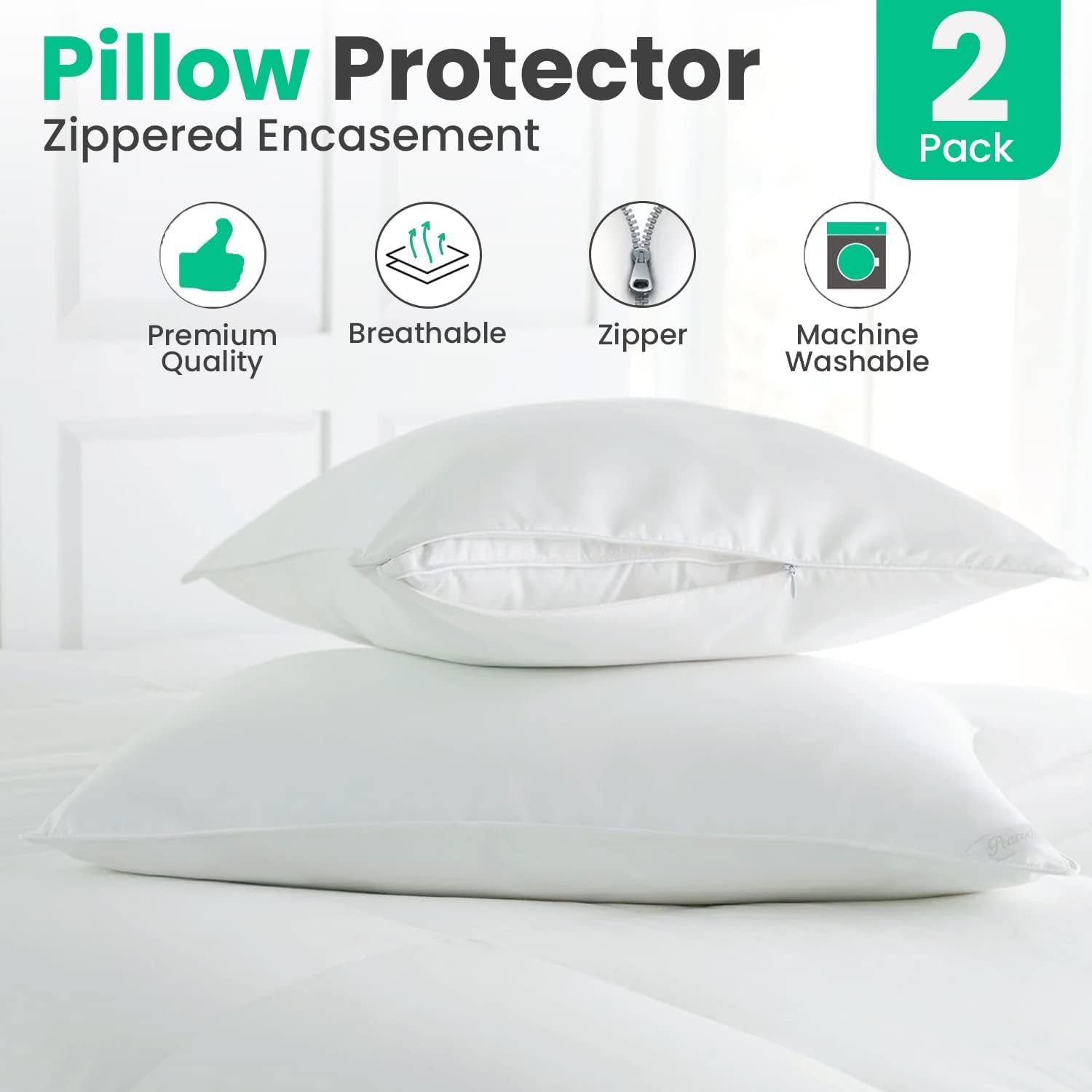 Canadian Linen Cotton Pillow Protector Full Zipper Encasement 20"x26" Standard 2 pack Soft Breathable Natural Cooling Fabric Bed Bug Proof Pillow