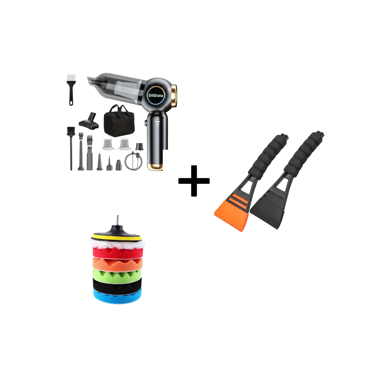 High-Power Car Vacuum Cleaner, 2-Pack Ice Scraper for Windshield, 6" Sponge Polishing Waxing Buffing Pads Kit