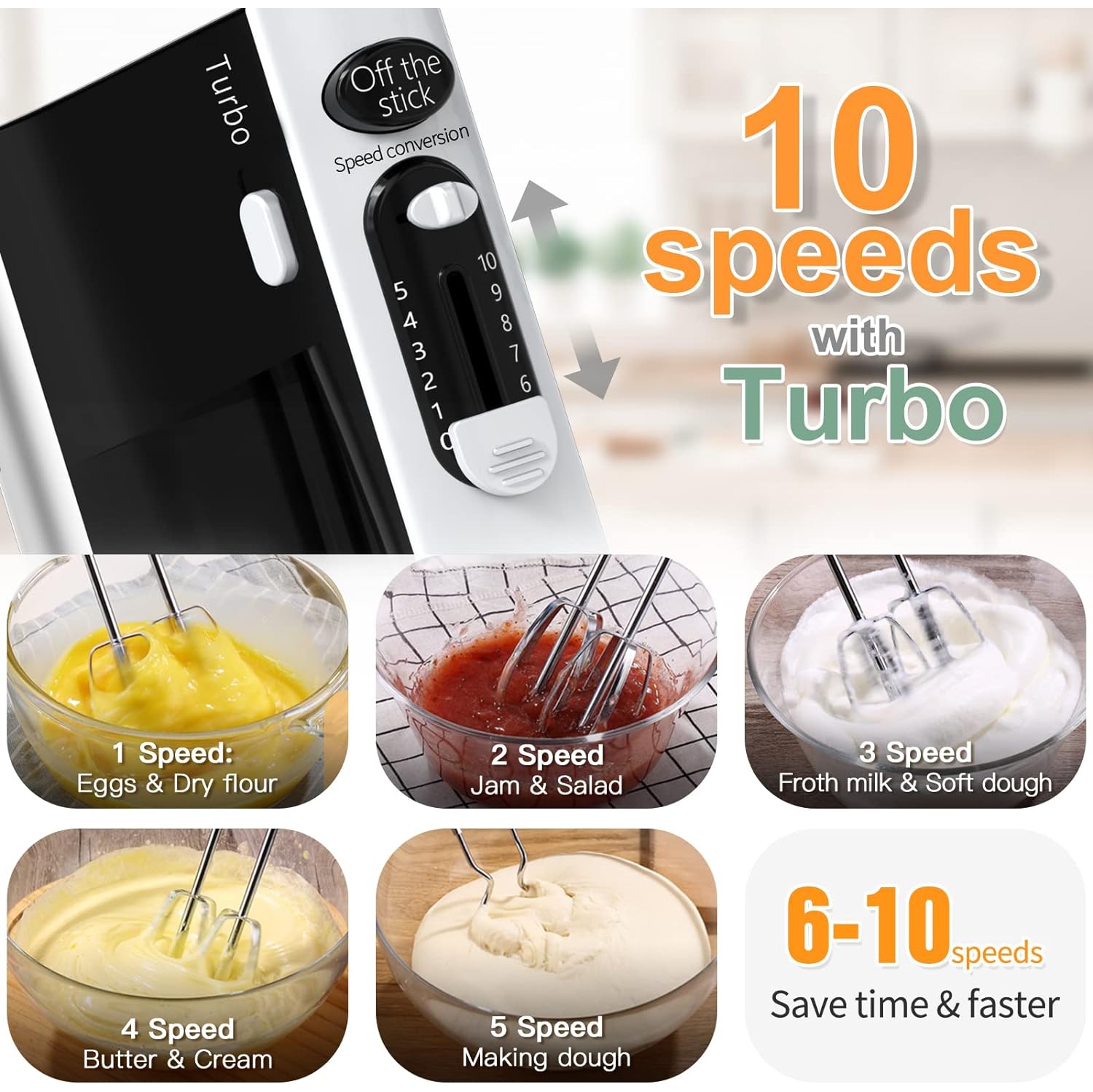 600W Electric Hand Mixer Kitchen Handheld Mixer 10 Speed Powerful with Turbo for Baking Cake Lightweight & Personal Electric Mixer with Beaters Dough