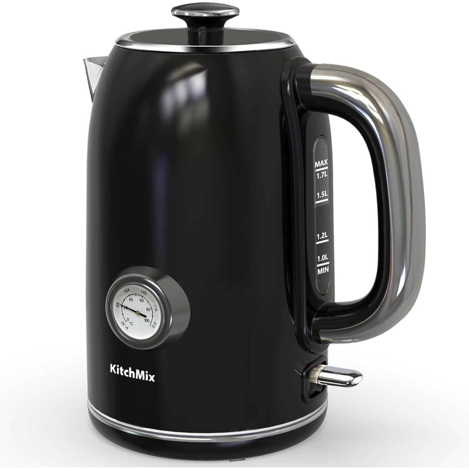 KitchMix Electric Kettle,1.7L Stainless Steel Tea Kettle with Thermometer,1500W Cordless Water Boiler with LED Indicator, Auto Shut-Off & Boil-Dry,