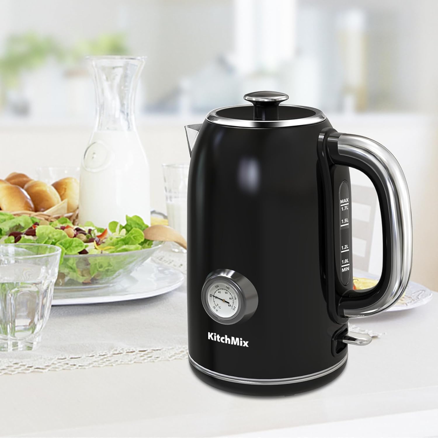 KitchMix Electric Kettle,1.7L Stainless Steel Tea Kettle with Thermometer,1500W Cordless Water Boiler with LED Indicator, Auto Shut-Off & Boil-Dry,