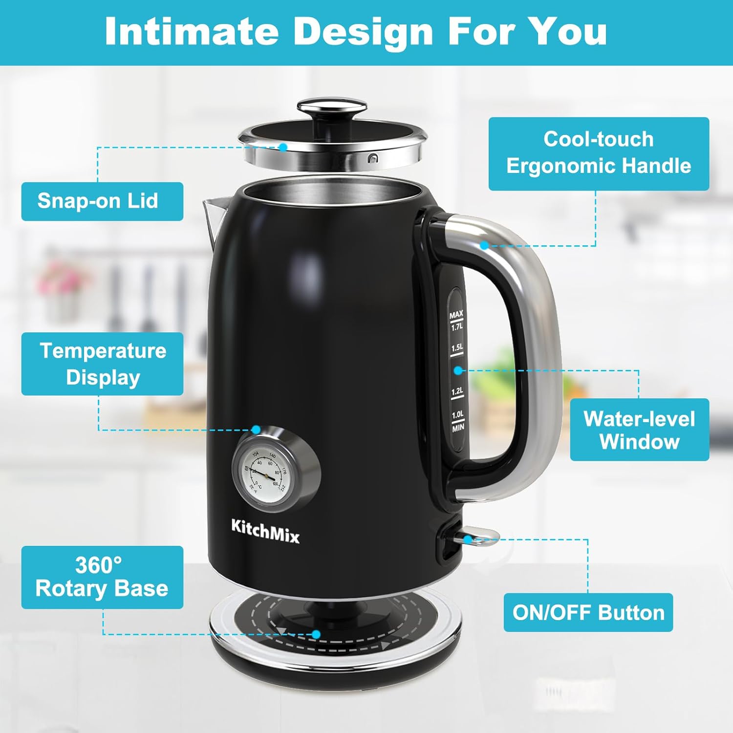 KitchMix Electric Kettle,1.7L Stainless Steel Tea Kettle with Thermometer,1500W Cordless Water Boiler with LED Indicator, Auto Shut-Off & Boil-Dry,