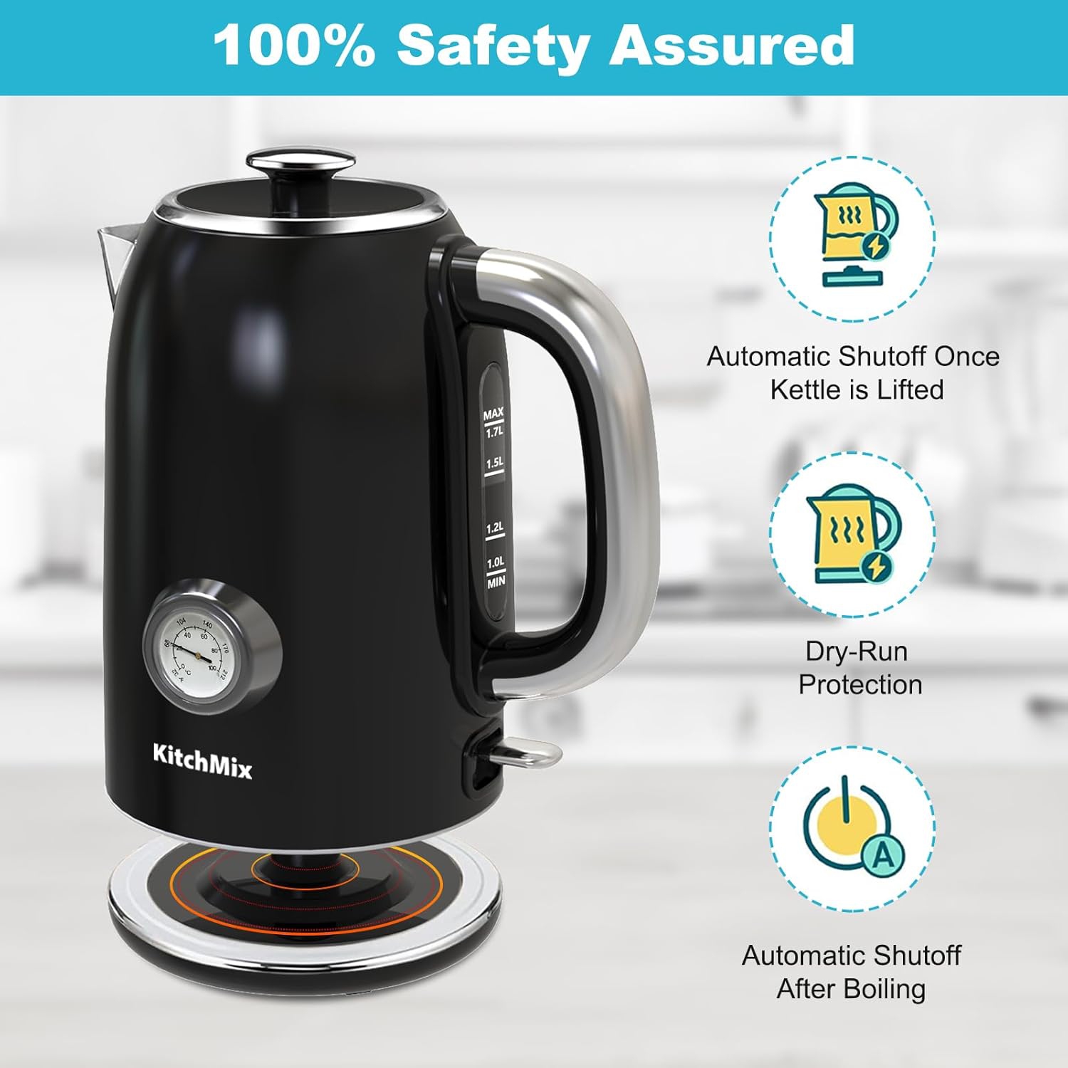 KitchMix Electric Kettle,1.7L Stainless Steel Tea Kettle with Thermometer,1500W Cordless Water Boiler with LED Indicator, Auto Shut-Off & Boil-Dry,