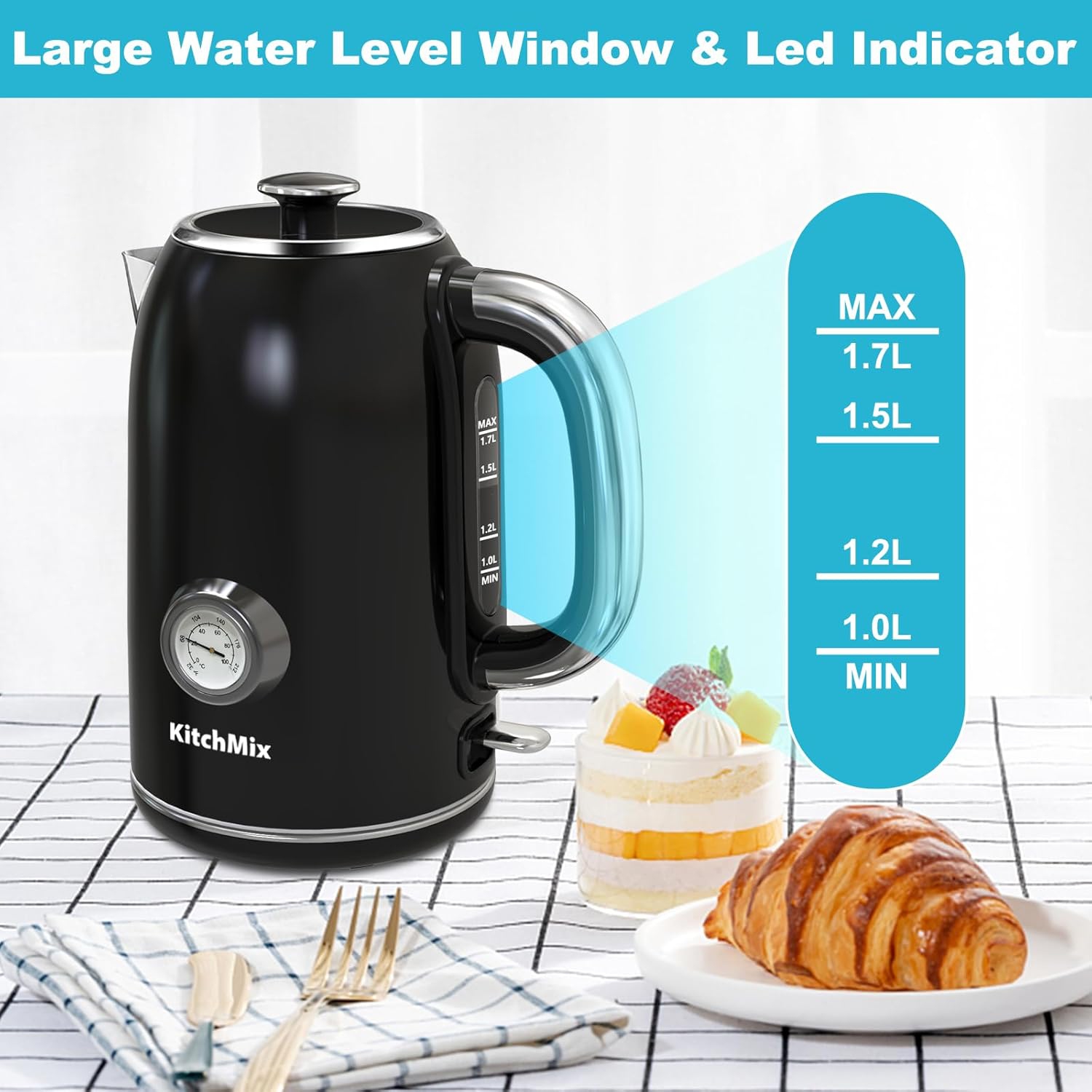 KitchMix Electric Kettle,1.7L Stainless Steel Tea Kettle with Thermometer,1500W Cordless Water Boiler with LED Indicator, Auto Shut-Off & Boil-Dry,