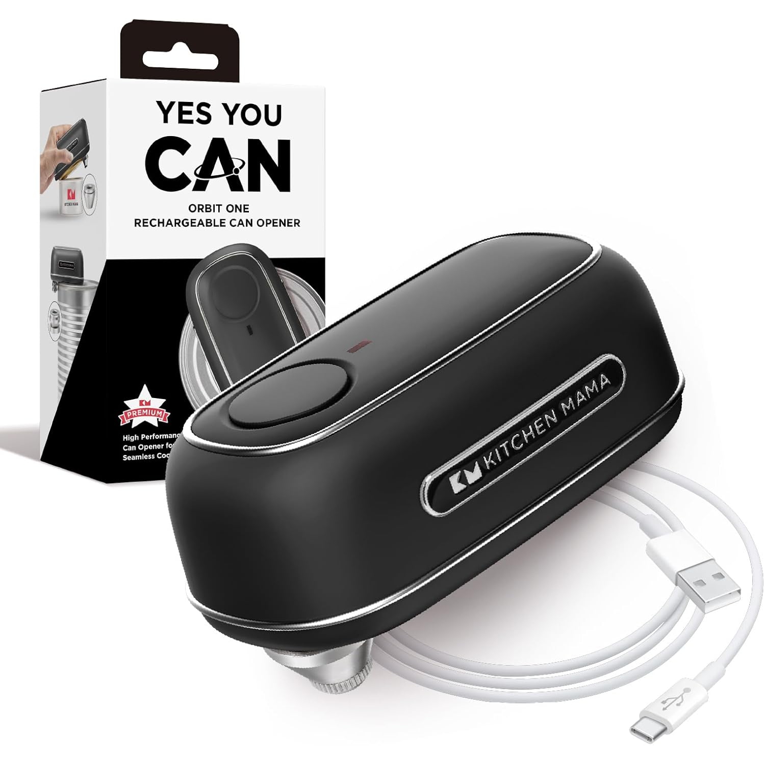 Kitchen Mama Orbit One Rechargeable Can Opener: Hands-Free Operation, Type-C Charging, Automatic Shut-Off, Smooth Edge, Professional-Grade Blade for